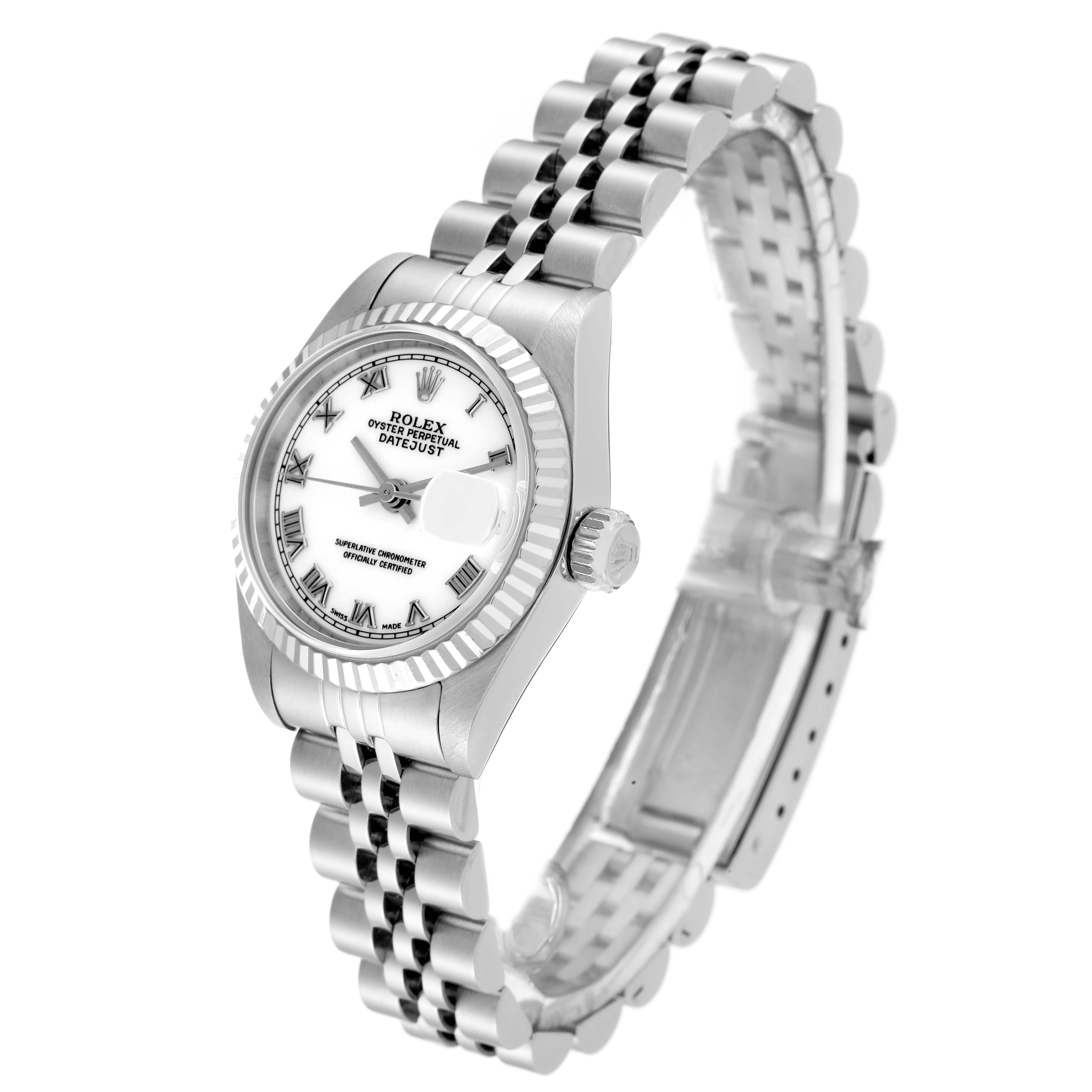 The image shows a Rolex Datejust 69174 Women's Stainless Steel White Dial 69174 Women's Stainless Steel White Dial watch at a slight angle, highlighting its dial, bezel, crown, and Jubilee bracelet.