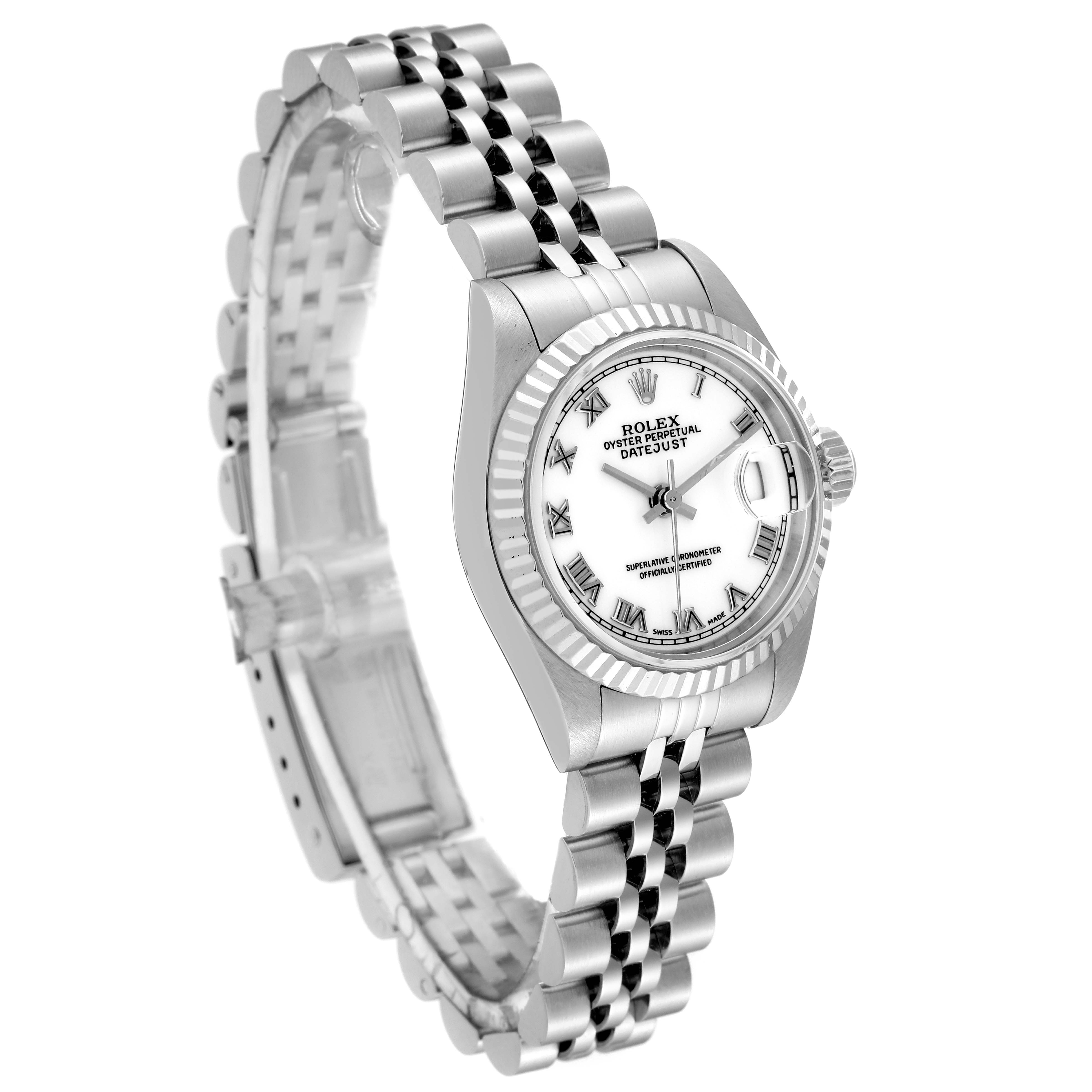 The Rolex Datejust 69174 Women's Stainless Steel White Dial 69174 Women's Stainless Steel White Dial watch is shown at a three-quarter angle, highlighting the bezel, face, crown, and bracelet.