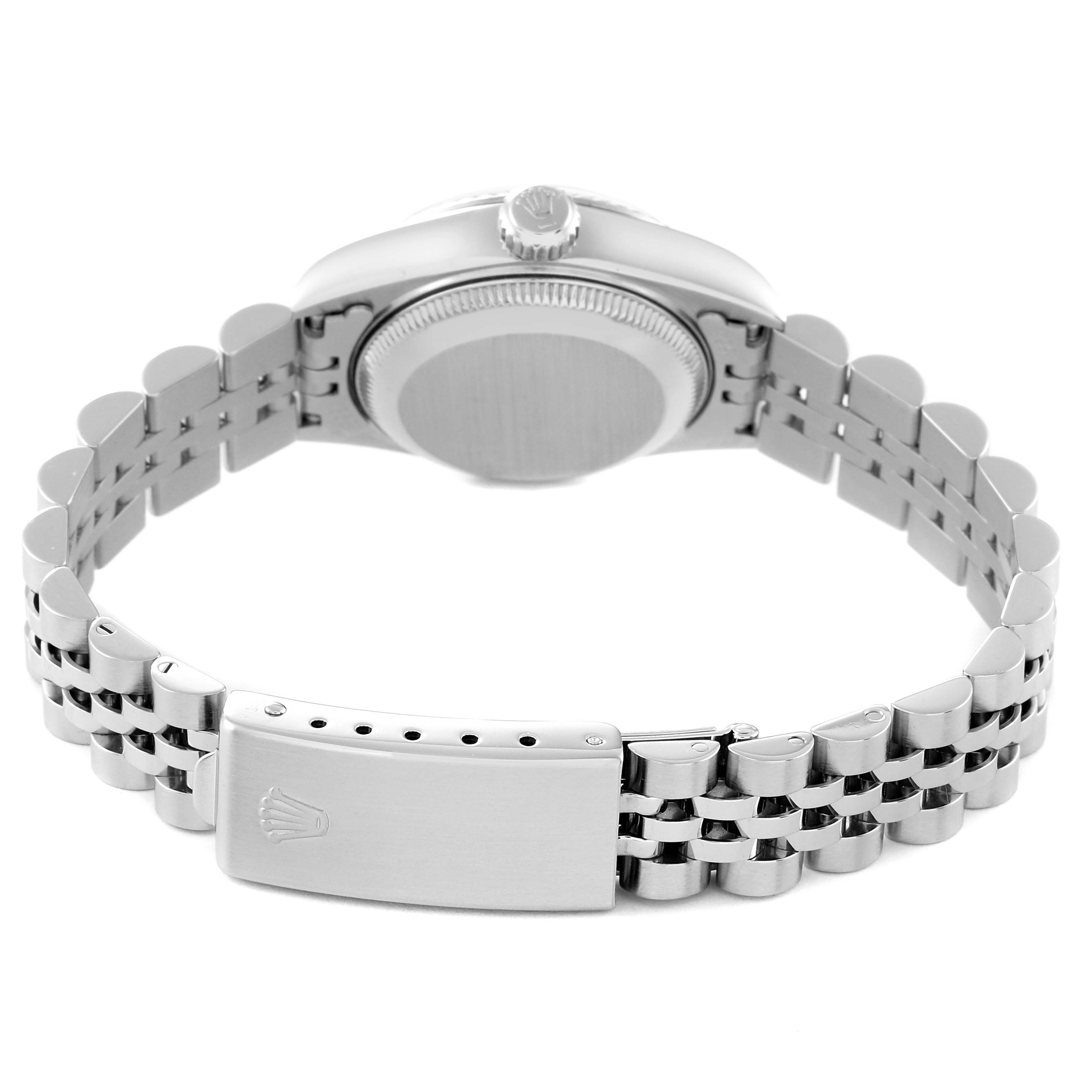 This image shows the back view of a Rolex Datejust 69174 Women's Stainless Steel White Dial 69174 Women's Stainless Steel White Dial watch, highlighting the case back and bracelet clasp.