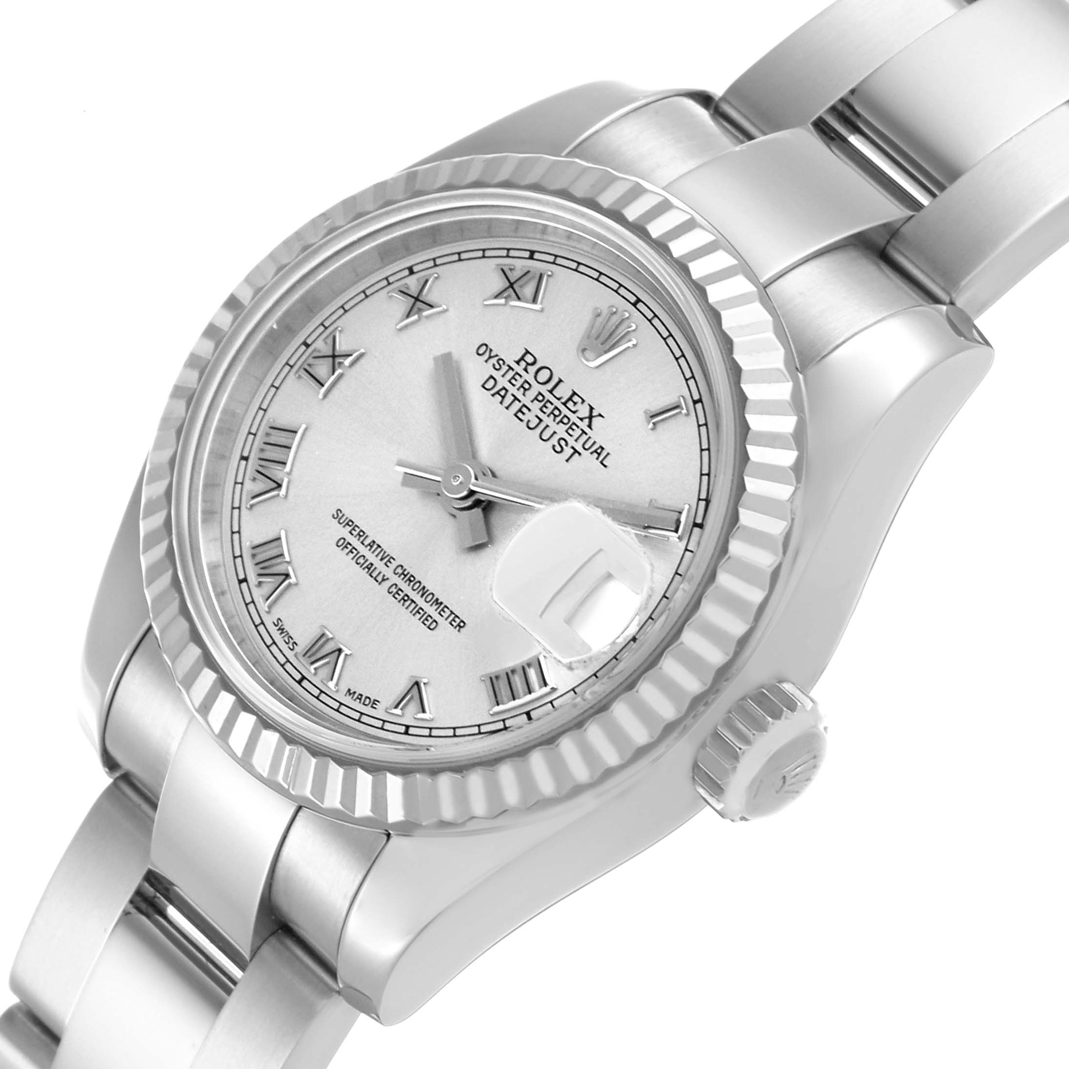 The image shows a Rolex Datejust 179174 Women's Stainless Steel Silver Dial 179174 Women's Stainless Steel Silver Dial Steel White Gold Silver Dial Ladies Watch 179174 at a tilted angle, highlighting the dial and bracelet.