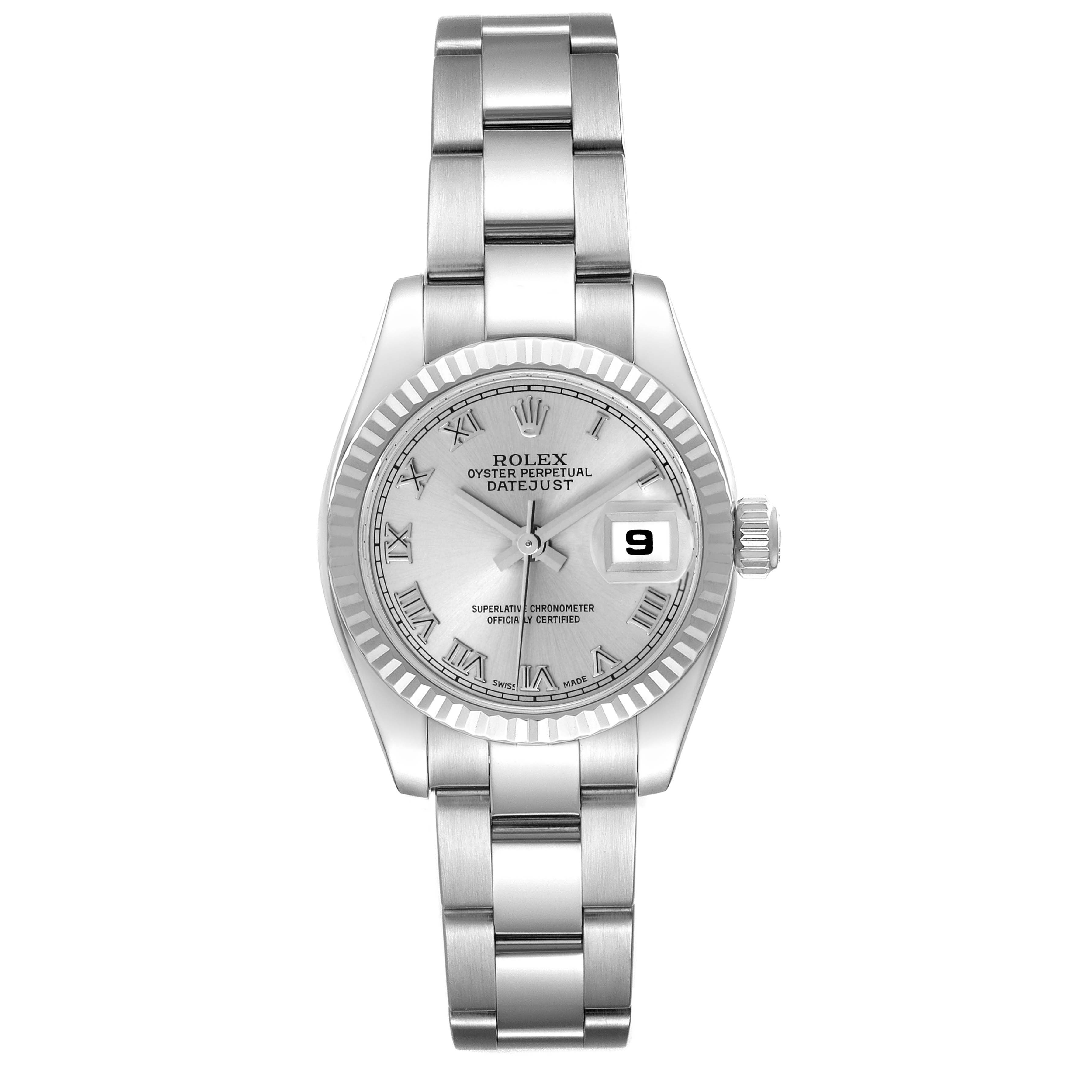 This image shows a front view of the Rolex Datejust 179174 Women's Stainless Steel Silver Dial 179174 Women's Stainless Steel Silver Dial 179174, displaying the dial and bracelet.