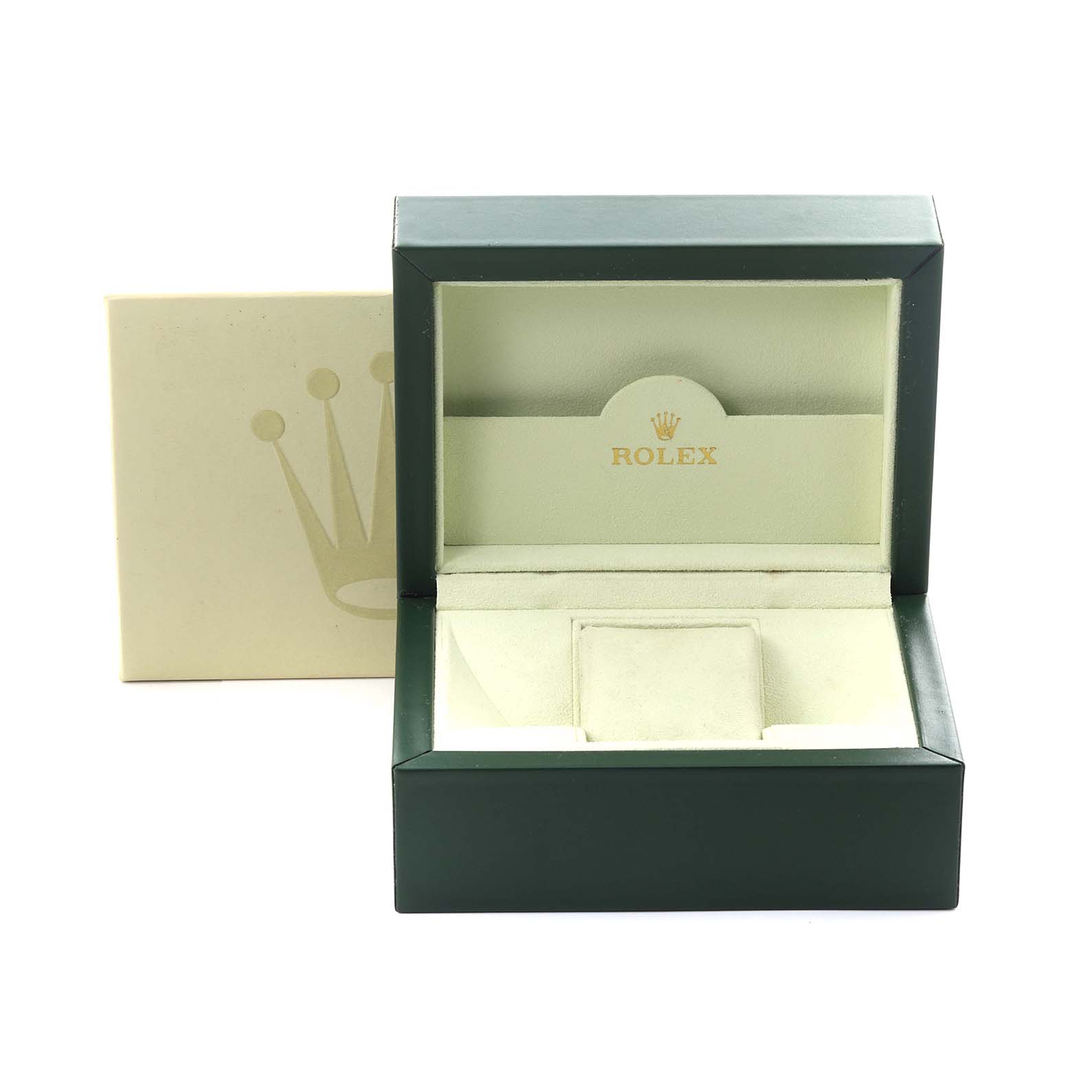 The image shows a Rolex Datejust 179174 Women's Stainless Steel Silver Dial 179174 Women's Stainless Steel Silver Dial watch box, open and viewed from the front, without a watch inside.