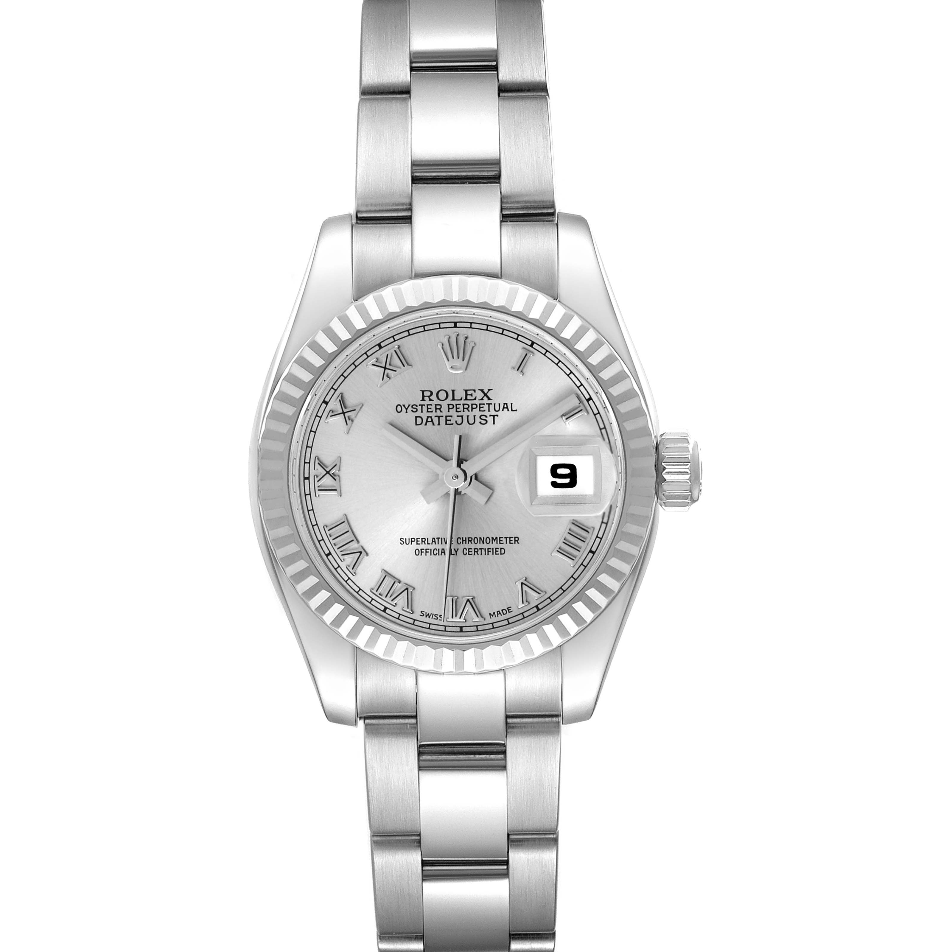 The Rolex Datejust 179174 Women's Stainless Steel Silver Dial 179174 Women's Stainless Steel Silver Dial 179174 is shown from a front angle, highlighting the silver dial, bezel, and stainless steel bracelet.