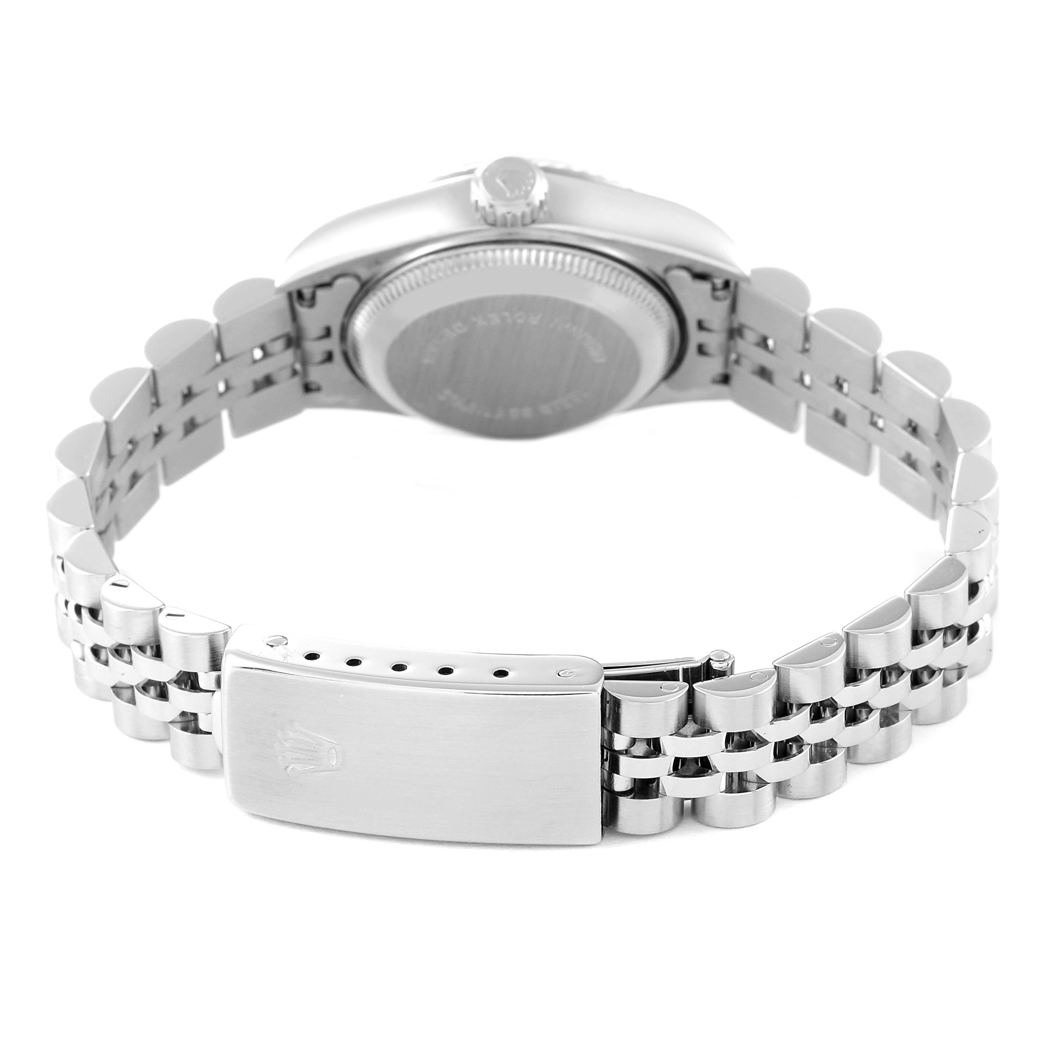This image shows the reverse side of a Rolex Datejust 69174 Women's Stainless Steel Silver Dial 69174 Women's Stainless Steel Silver Dial watch, focusing on the case back, bracelet, and clasp.