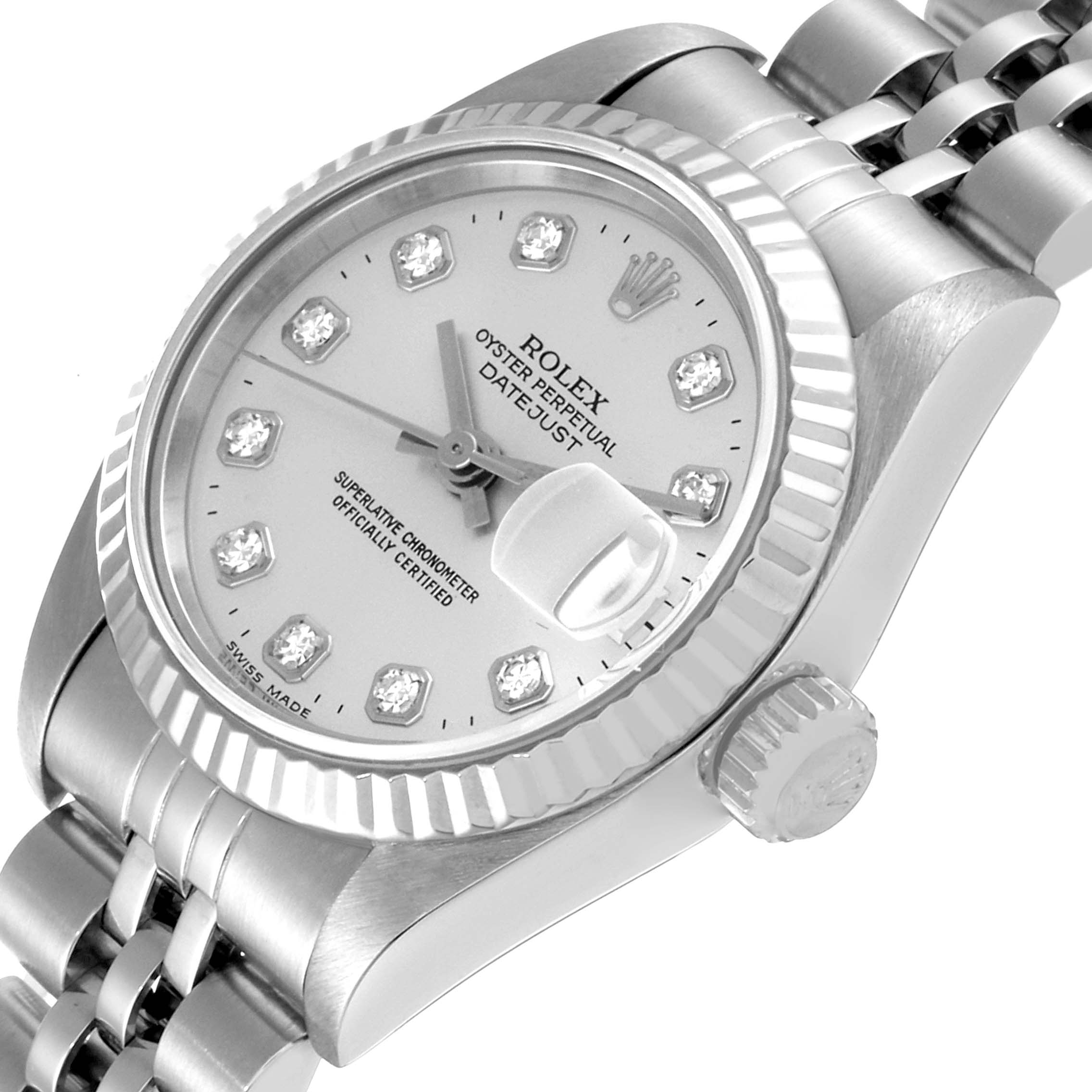 The image shows a close-up, angled view of the Rolex Datejust 69174 Women's Stainless Steel Silver Dial 69174 Women's Stainless Steel Silver Dial watch, highlighting the dial, bezel, crown, and part of the bracelet.