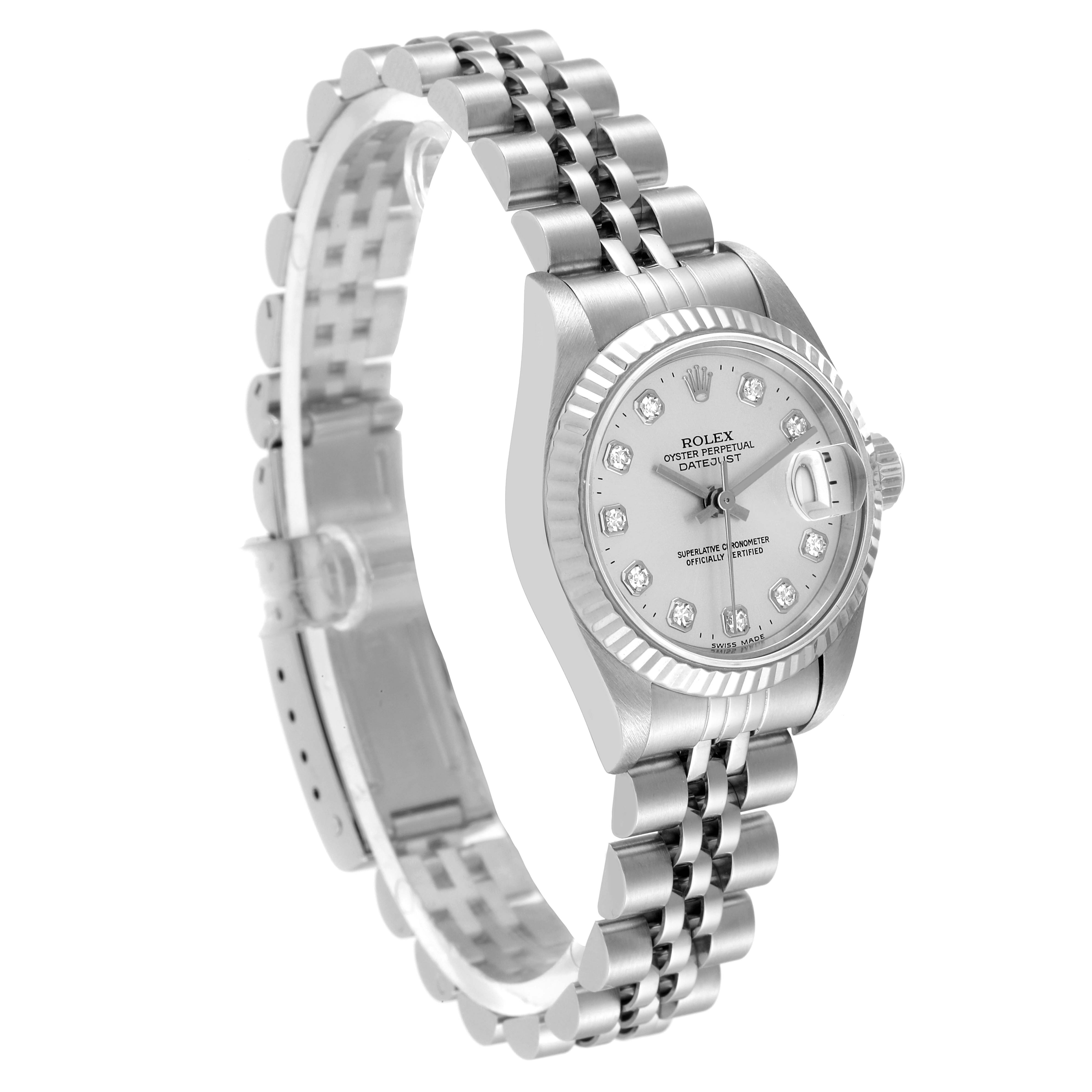 The image shows a side angle of the Rolex Datejust 69174 Women's Stainless Steel Silver Dial 69174 Women's Stainless Steel Silver Dial watch, highlighting its bracelet, dial, and fluted bezel.