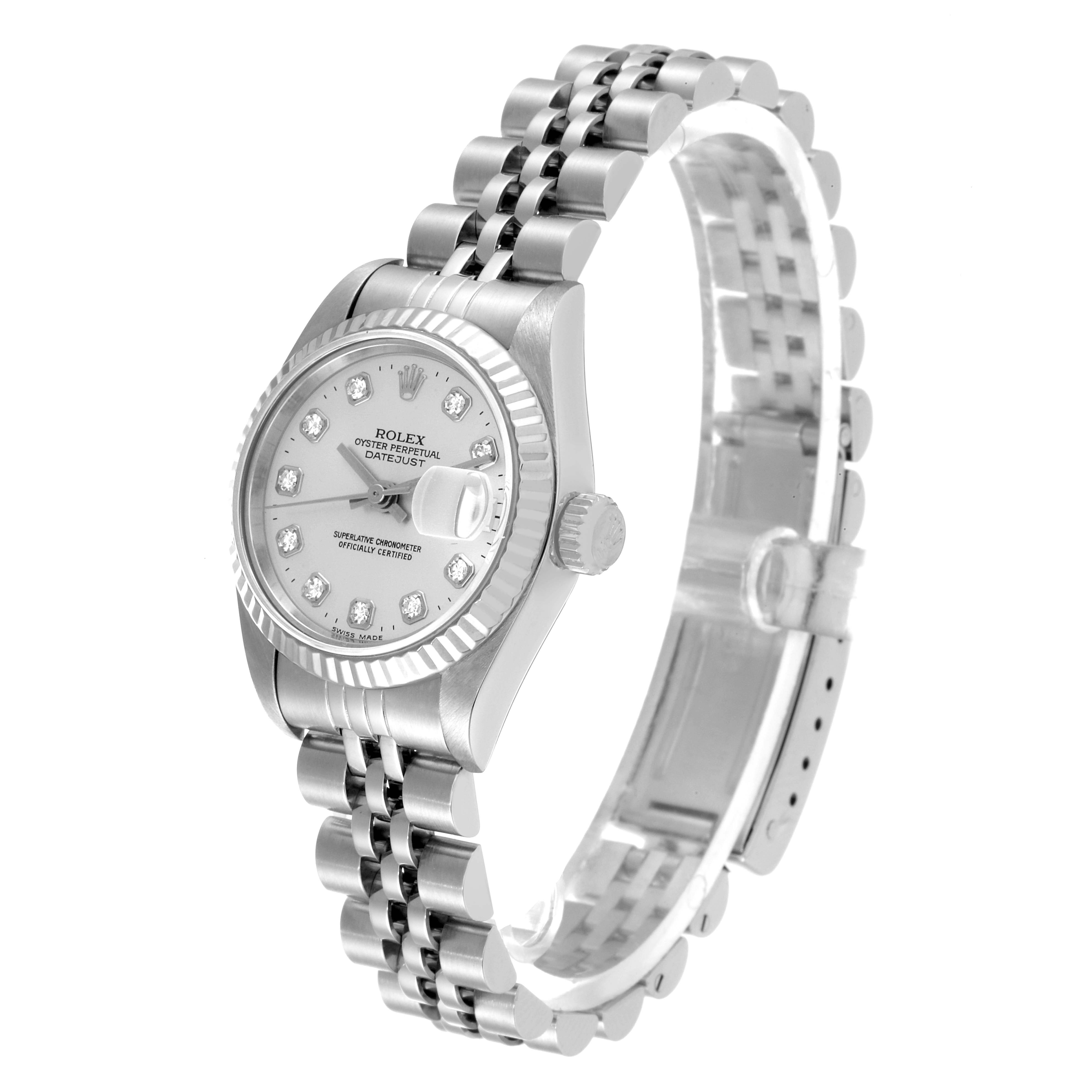 A Rolex Datejust 69174 Women's Stainless Steel Silver Dial 69174 Women's Stainless Steel Silver Dial watch shown at a slight side angle, displaying the face, crown, and partially open Jubilee bracelet.