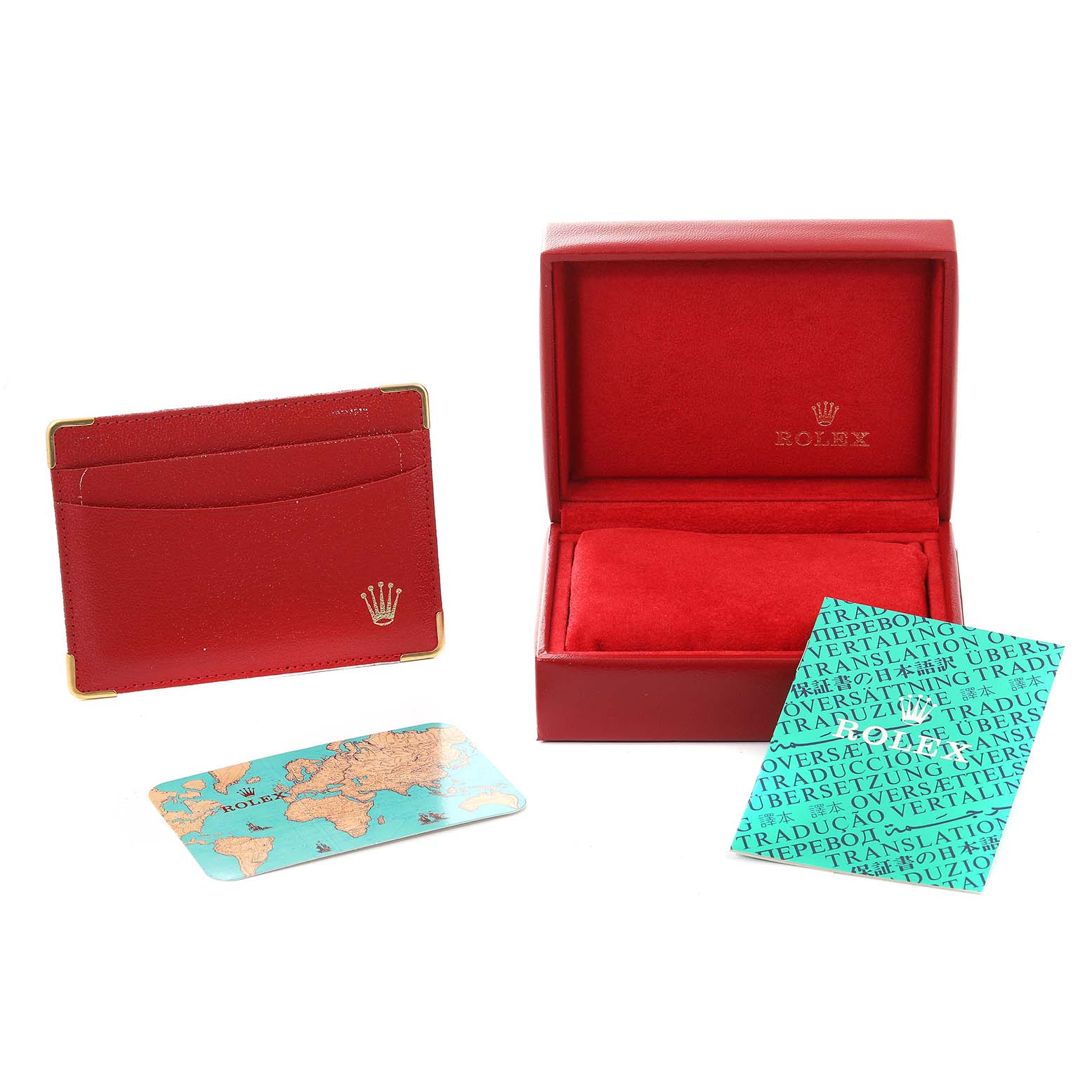 This image shows the box, card holder, and documentation for a Rolex Datejust 69174 Women's Stainless Steel Silver Dial 69174 Women's Stainless Steel Silver Dial watch.