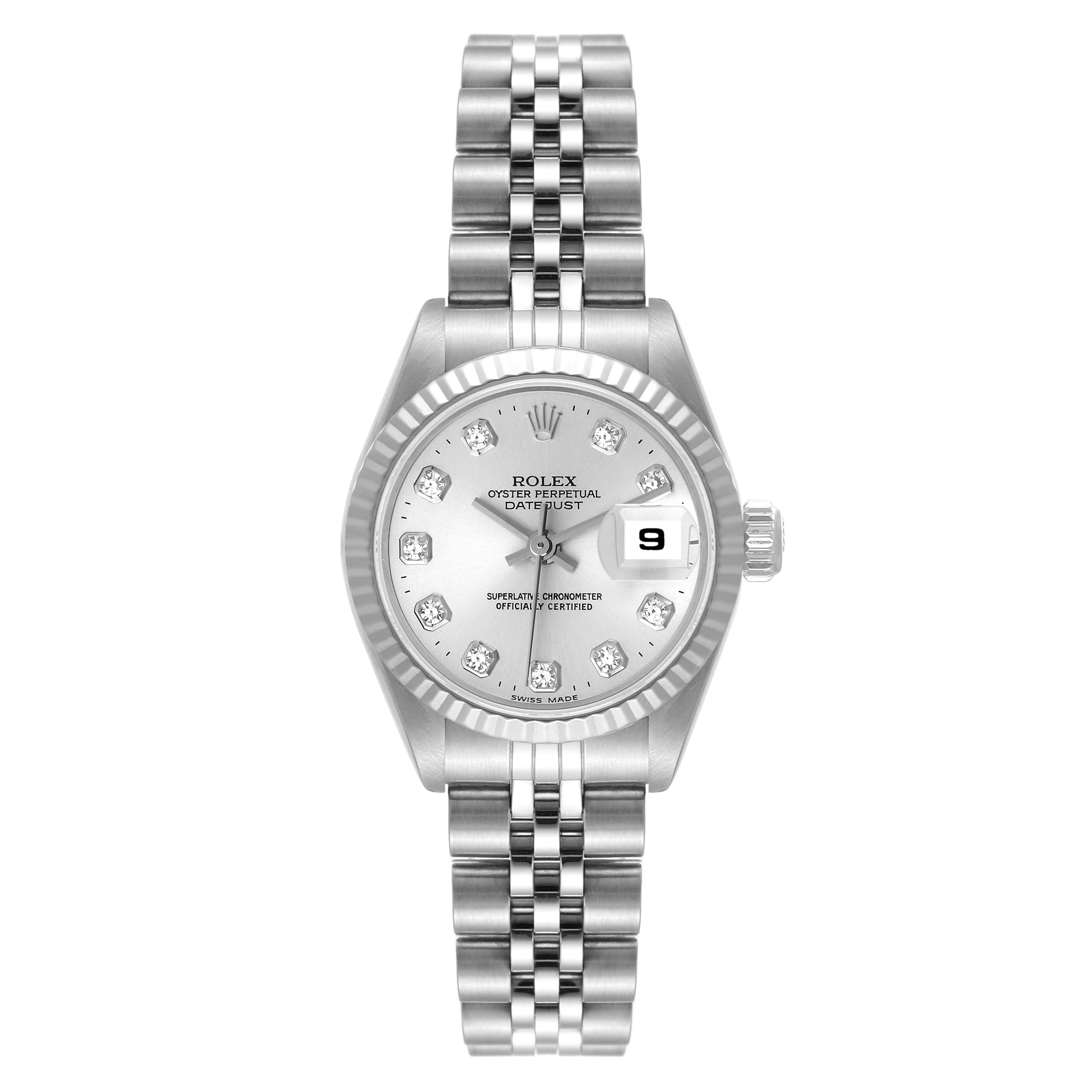 The image shows a Rolex Datejust 69174 Women's Stainless Steel Silver Dial 69174 Women's Stainless Steel Silver Dial watch from a front angle, highlighting its Jubilee bracelet and diamond hour markers on the dial.