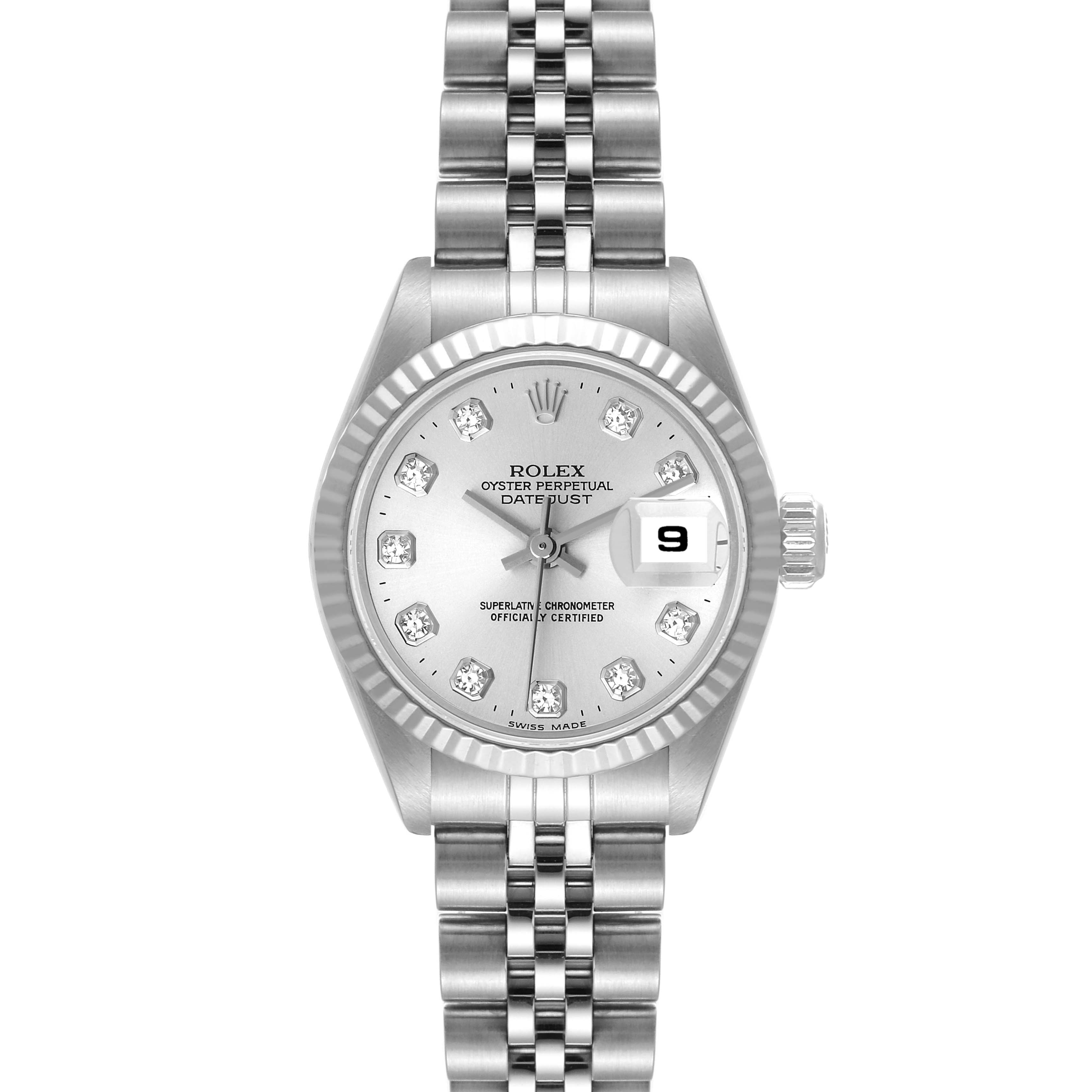 This image shows a front view of the Rolex Datejust 69174 Women's Stainless Steel Silver Dial 69174 Women's Stainless Steel Silver Dial watch, highlighting its dial, bracelet, and fluted bezel.