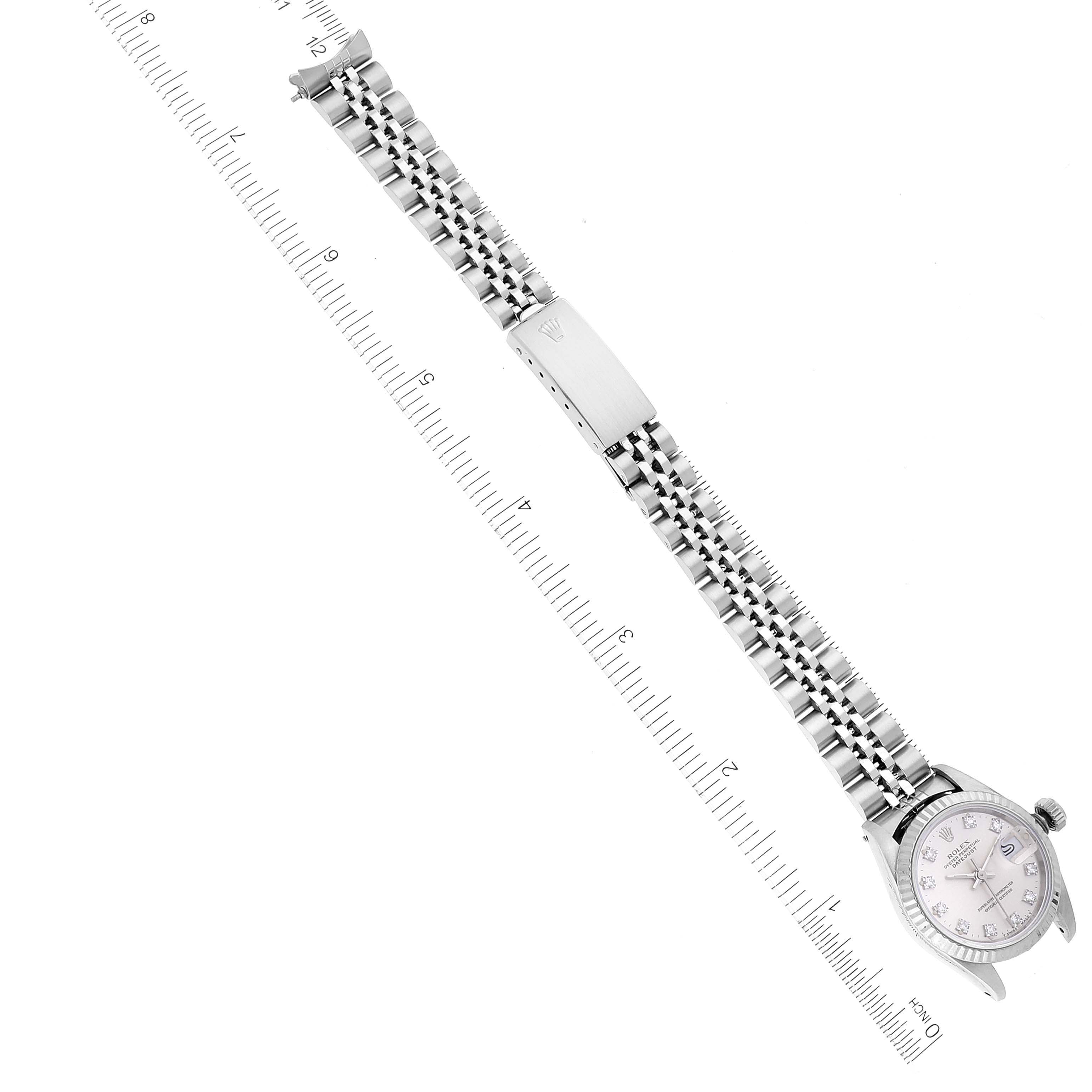 The image shows a Rolex Datejust 69174 Women's Stainless Steel Silver Dial 69174 Women's Stainless Steel Silver Dial watch laid flat, displaying the full bracelet and a partial view of the watch face.