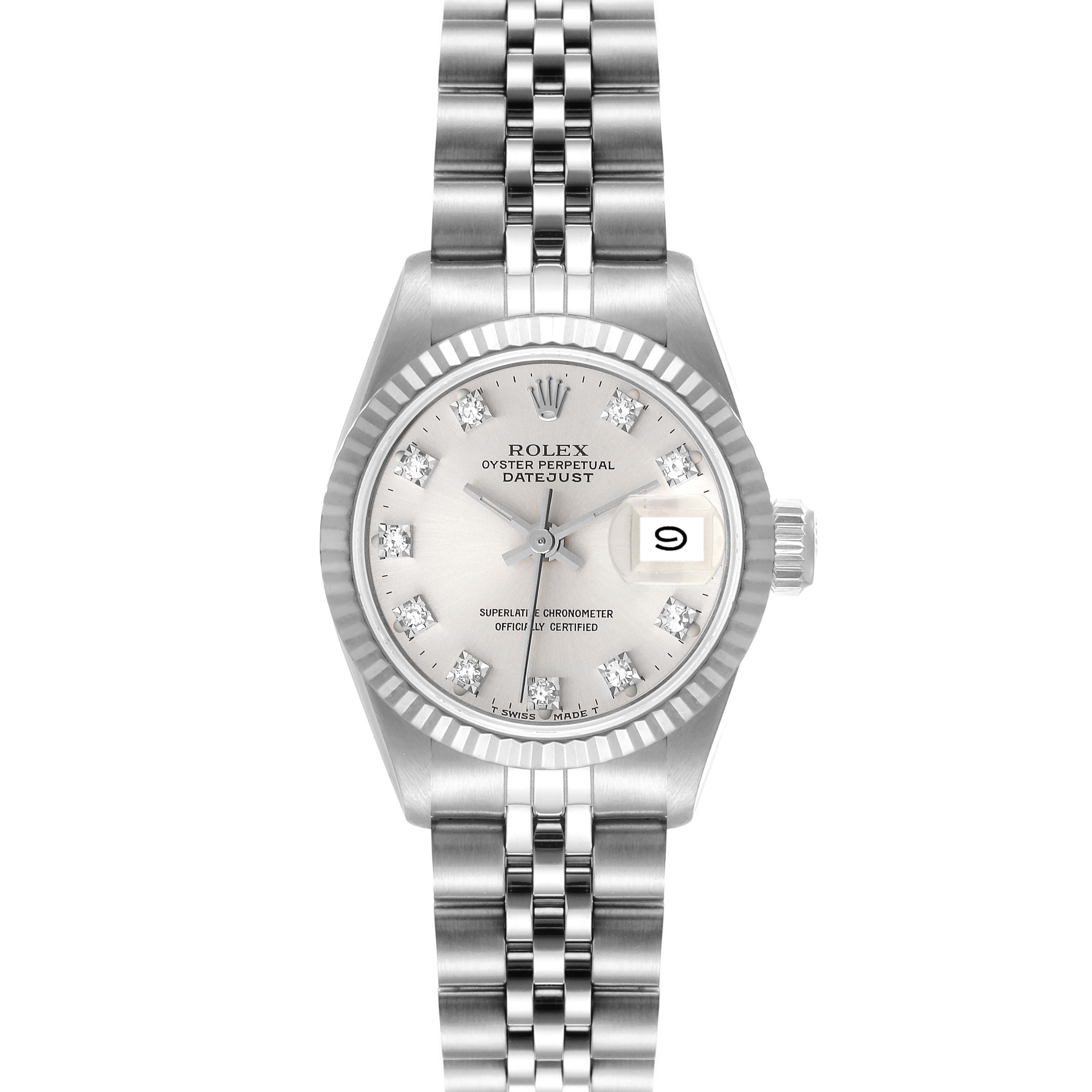 The image shows a front view of a Rolex Datejust 69174 Women's Stainless Steel Silver Dial 69174 Women's Stainless Steel Silver Dial watch, highlighting its face, dial, and bracelet.