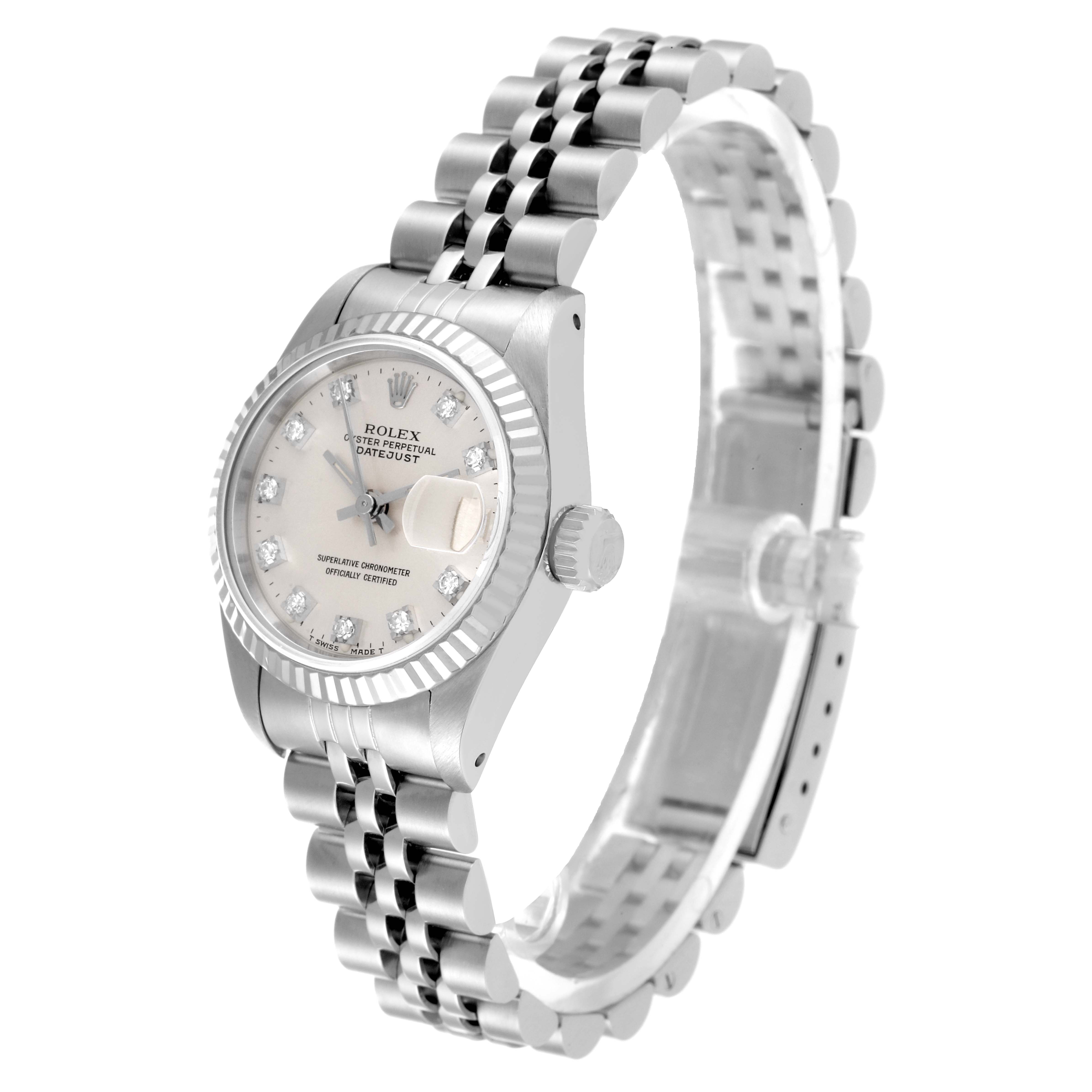 The image shows a Rolex Datejust 69174 Women's Stainless Steel Silver Dial 69174 Women's Stainless Steel Silver Dial watch from an angled side view, highlighting the face, fluted bezel, and Jubilee bracelet.