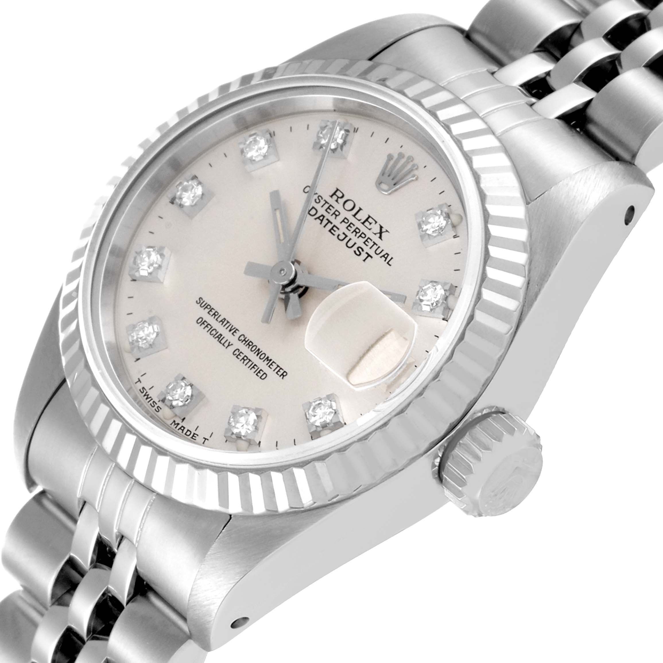 The image shows a close-up angled view of a Rolex Datejust 69174 Women's Stainless Steel Silver Dial 69174 Women's Stainless Steel Silver Dial watch, highlighting its dial, bezel, crown, and part of the bracelet.