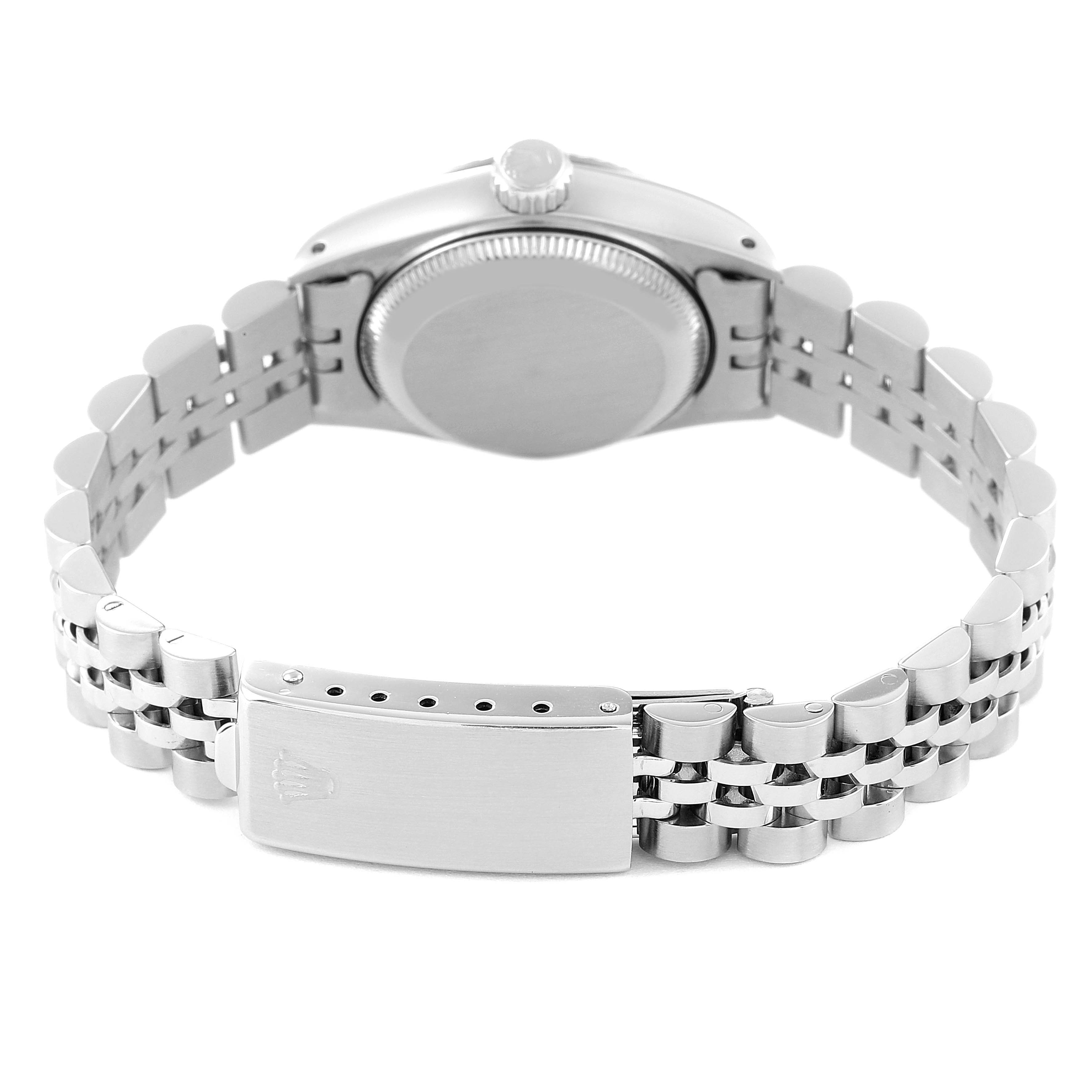 The image shows the back and bracelet of a Rolex Datejust 69174 Women's Stainless Steel Silver Dial 69174 Women's Stainless Steel Silver Dial watch from a rear view angle.