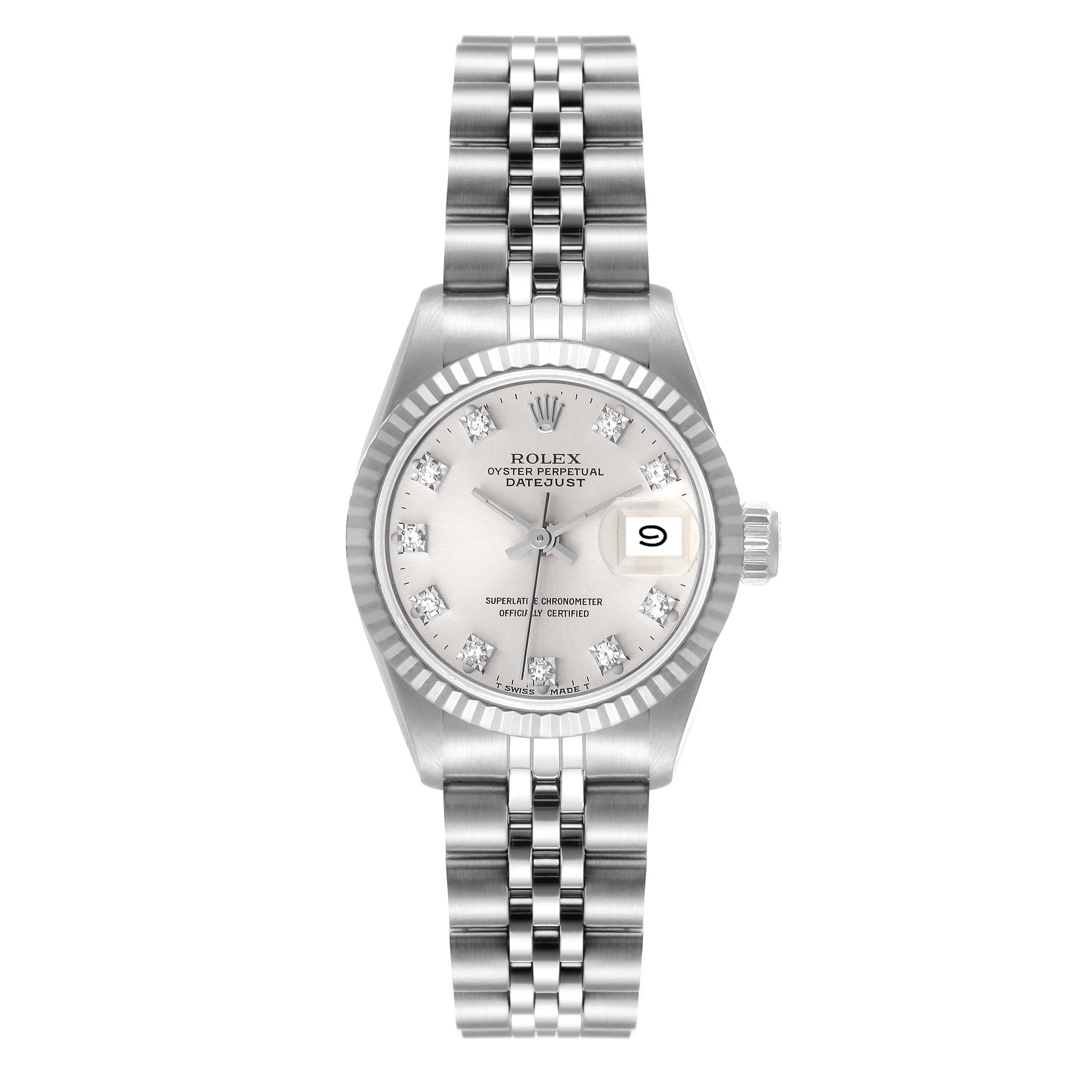 This image shows a front view of a Rolex Datejust 69174 Women's Stainless Steel Silver Dial 69174 Women's Stainless Steel Silver Dial watch featuring its dial, case, bezel, and Jubilee bracelet.