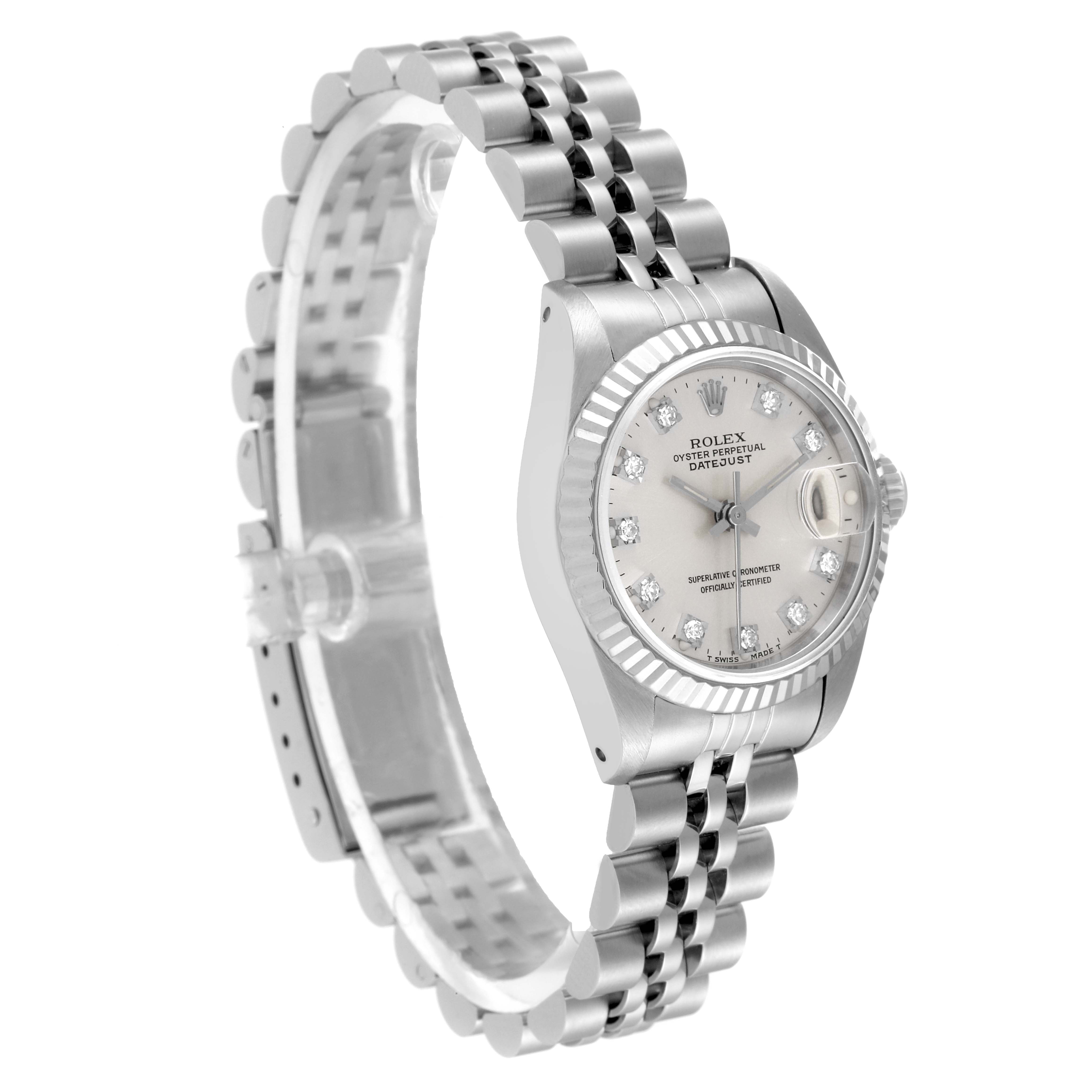 The Rolex Datejust 69174 Women's Stainless Steel Silver Dial 69174 Women's Stainless Steel Silver Dial watch is shown at a three-quarter angle, highlighting its silver bracelet, bezel, and dial with diamond markers.