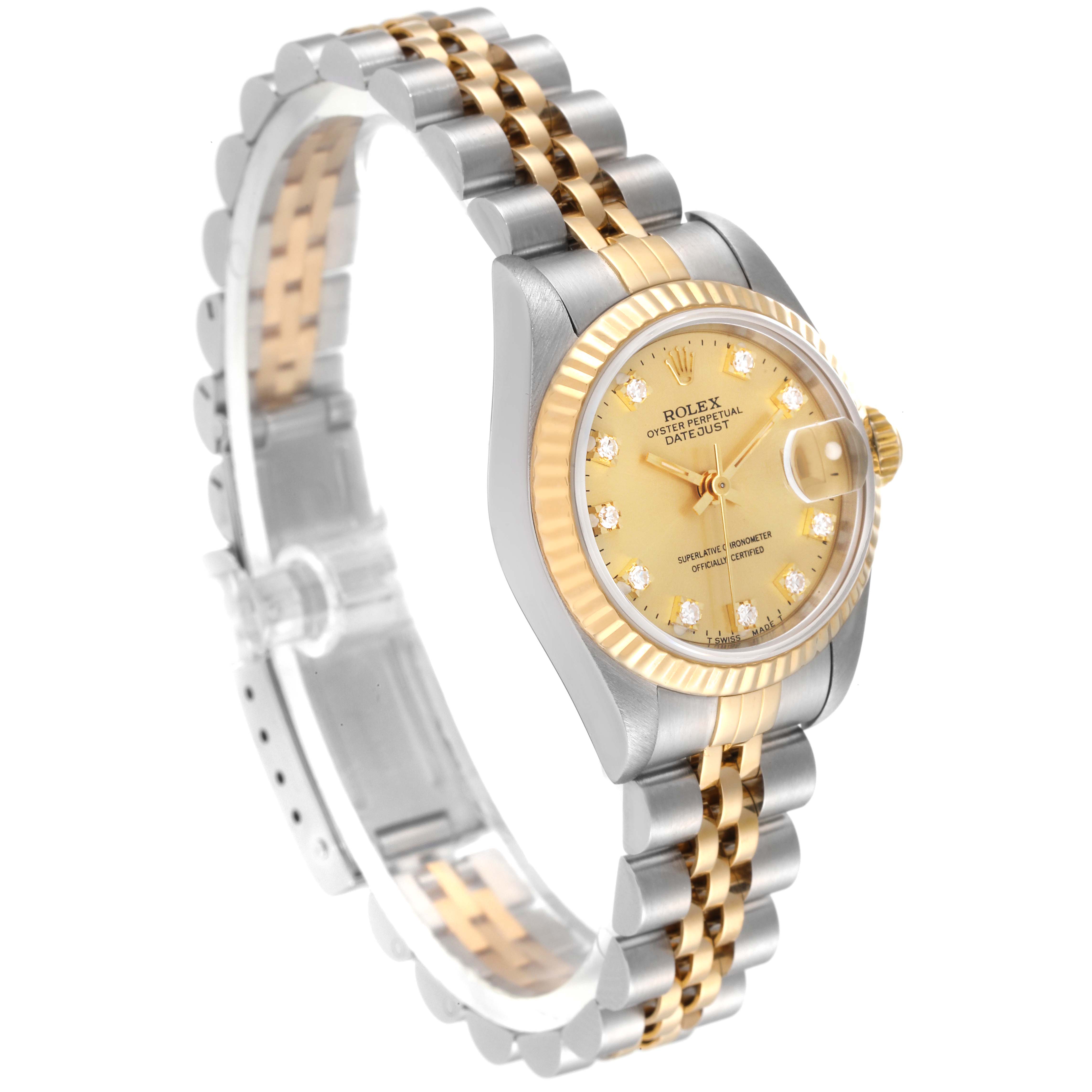 This image shows a side angle of a Rolex Datejust 69173 Women's Steel and Gold (two tone) Champagne Dial 69173 Women's Steel and Gold (two tone) Champagne Dial watch featuring a two-tone bracelet, fluted bezel, and champagne dial.