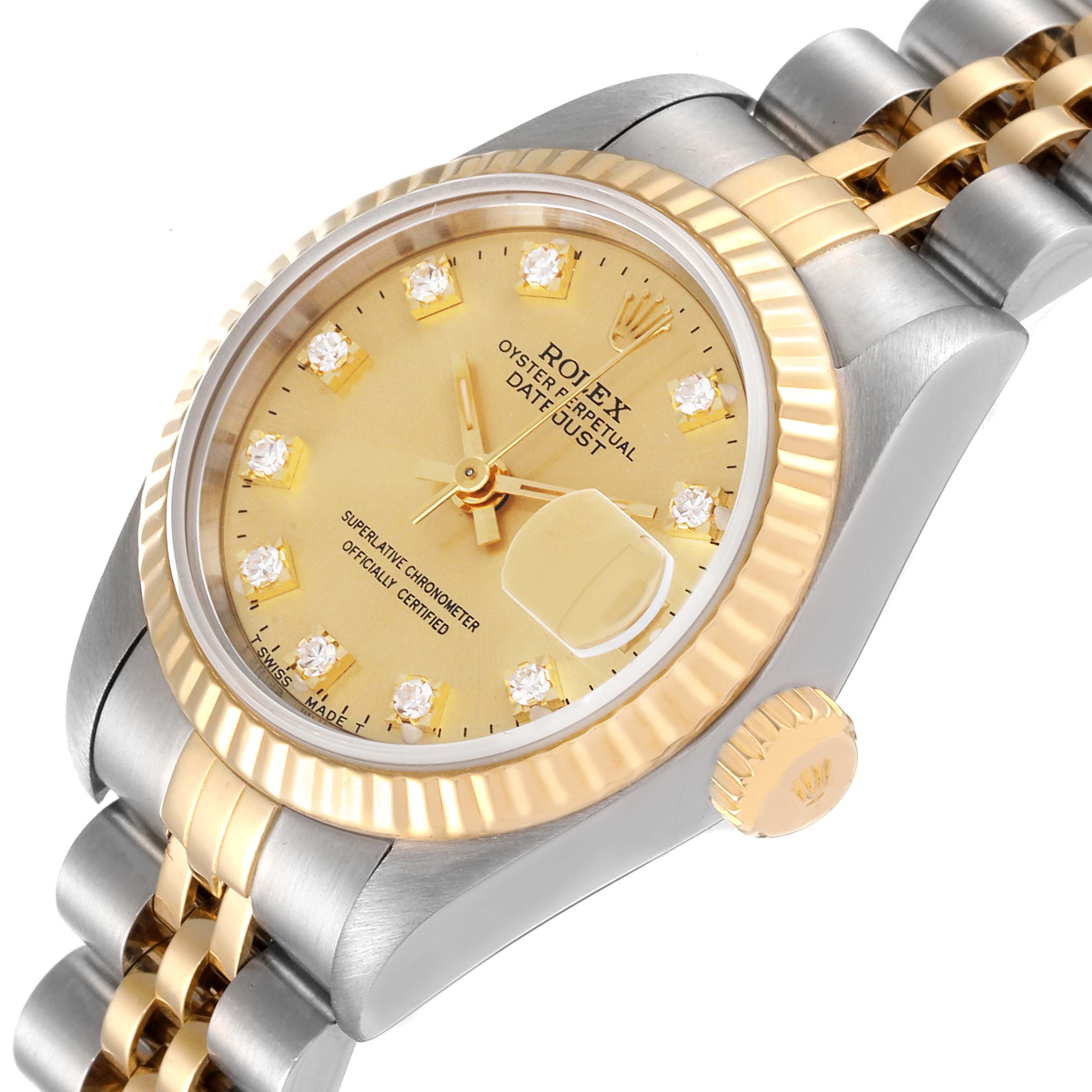 This image shows a Rolex Datejust 69173 Women's Steel and Gold (two tone) Champagne Dial 69173 Women's Steel and Gold (two tone) Champagne Dial watch angled, highlighting its gold bezel, crown, and bracelet links.