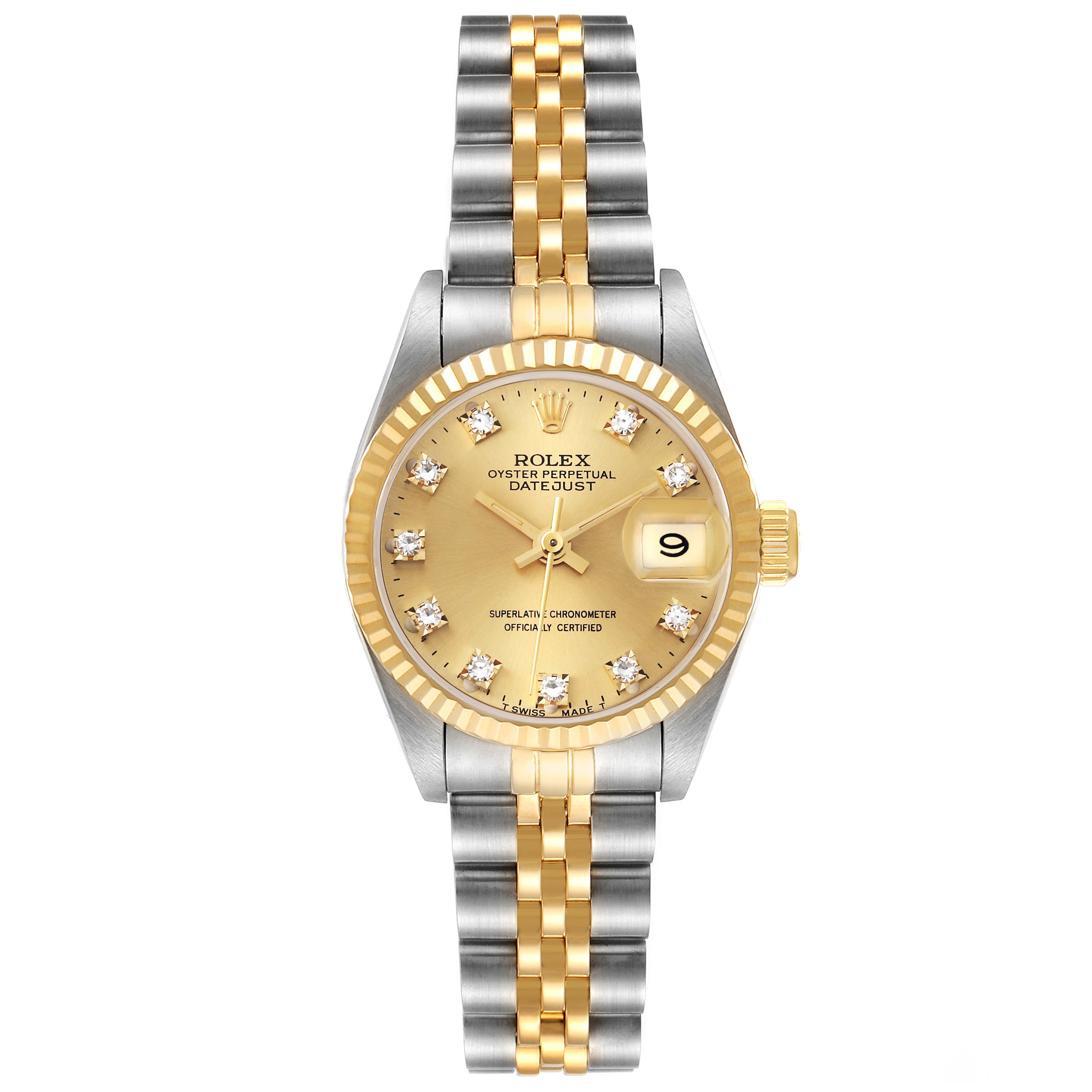 A Rolex Datejust 69173 Women's Steel and Gold (two tone) Champagne Dial 69173 Women's Steel and Gold (two tone) Champagne Dial watch shown from the front, displaying the dial, bezel, crown, and bracelet.