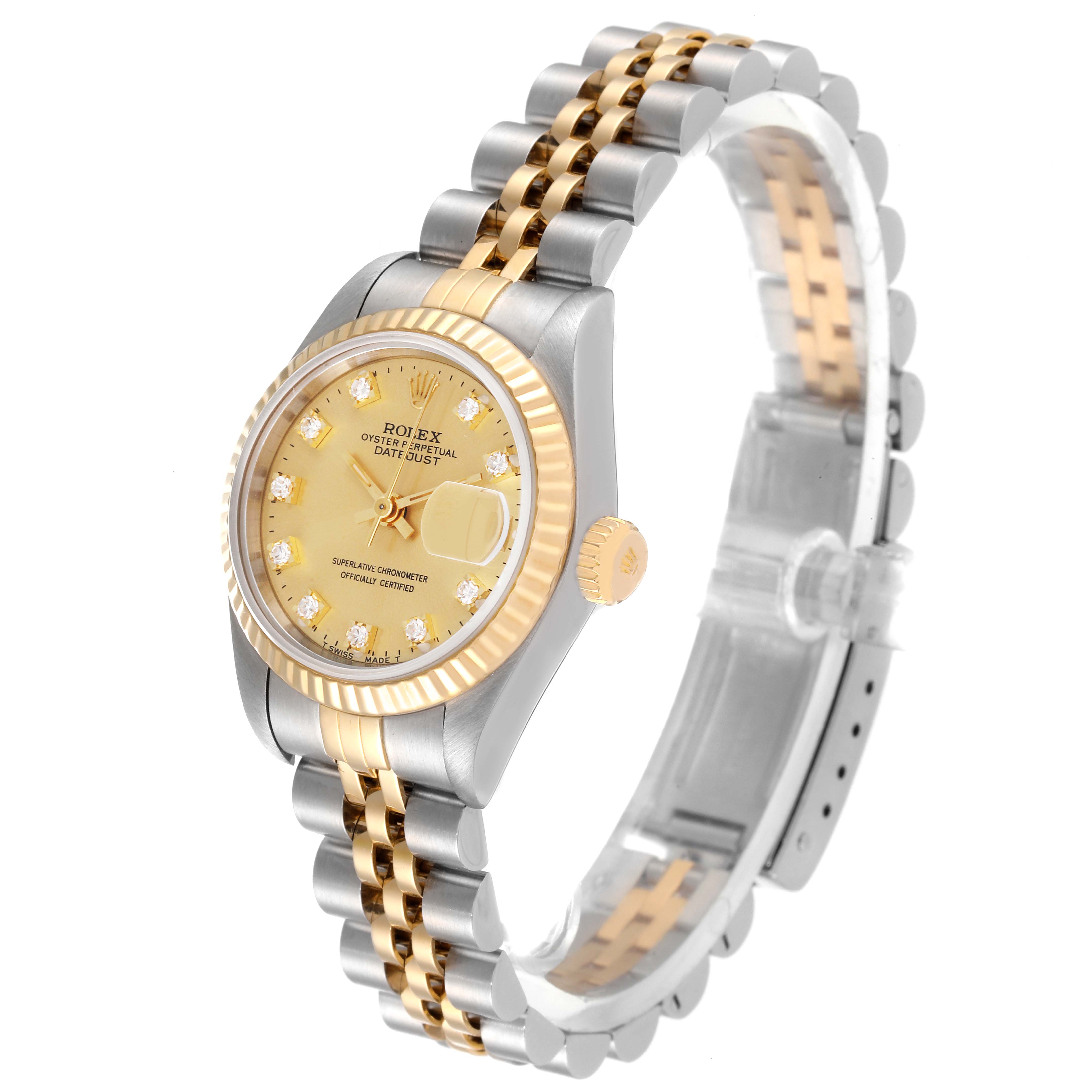 This image shows a Rolex Datejust 69173 Women's Steel and Gold (two tone) Champagne Dial 69173 Women's Steel and Gold (two tone) Champagne Dial watch angled slightly to the left, showcasing its dial, crown, fluted bezel, and two-tone bracelet.