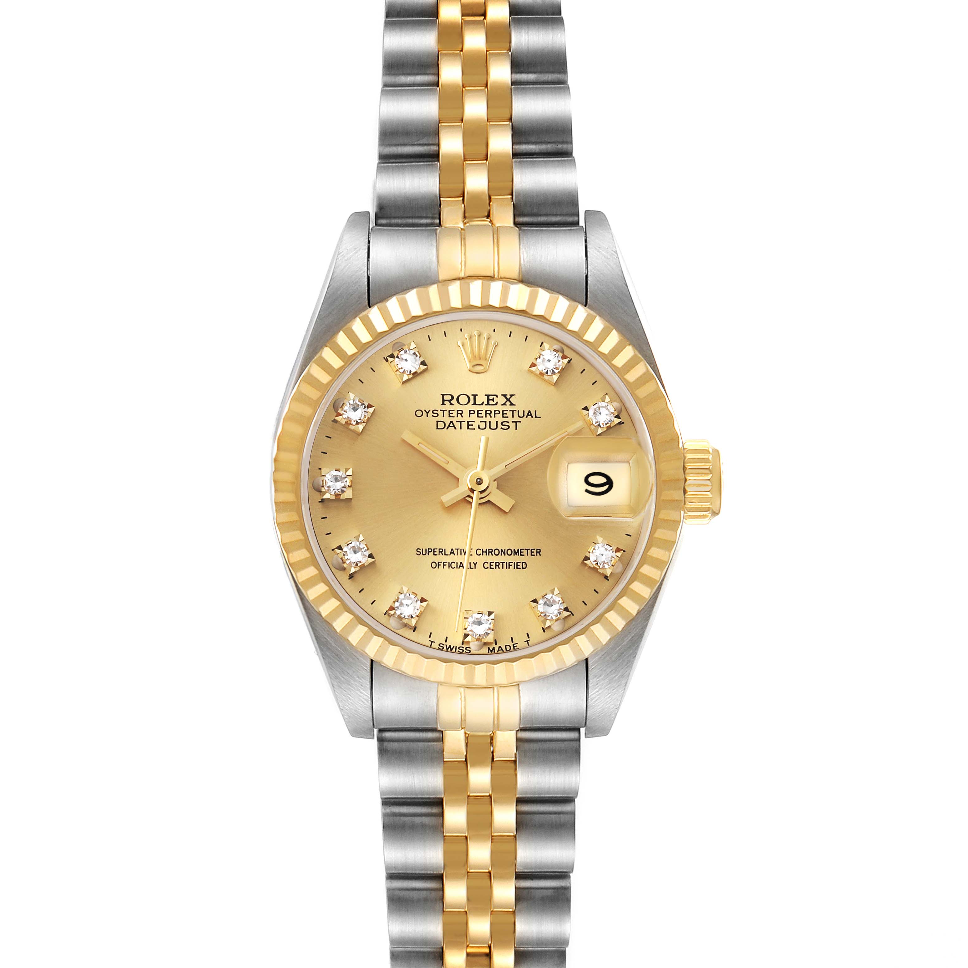 This image shows a frontal view of the Rolex Datejust 69173 Women's Steel and Gold (two tone) Champagne Dial 69173 Women's Steel and Gold (two tone) Champagne Dial watch, detailing the dial, bezel, and two-tone bracelet.