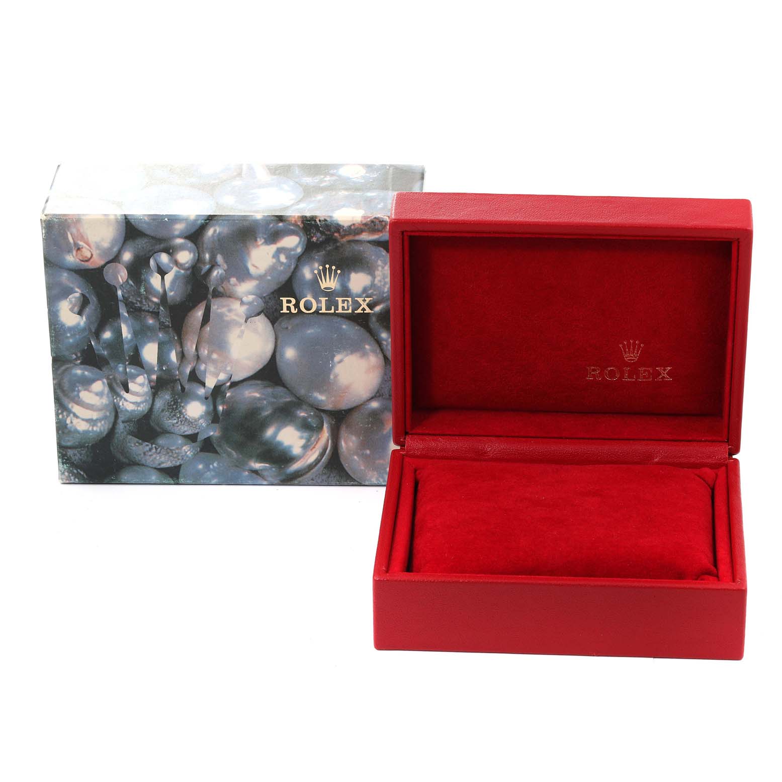 The image shows a Rolex Datejust 79173 Women's Steel and Gold (two tone) Champagne Dial 79173 Women's Steel and Gold (two tone) Champagne Dial watch box and an open red case with a cushion inside.