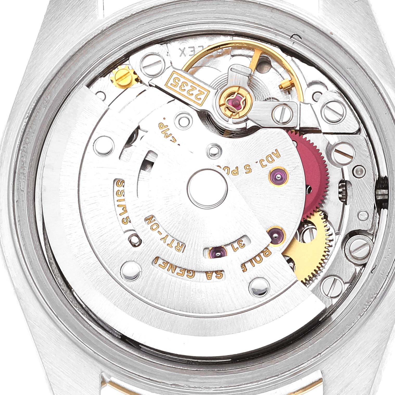 The image shows a close-up view of the movement mechanism on the back of a Rolex Datejust 79173 Women's Steel and Gold (two tone) Champagne Dial 79173 Women's Steel and Gold (two tone) Champagne Dial watch.