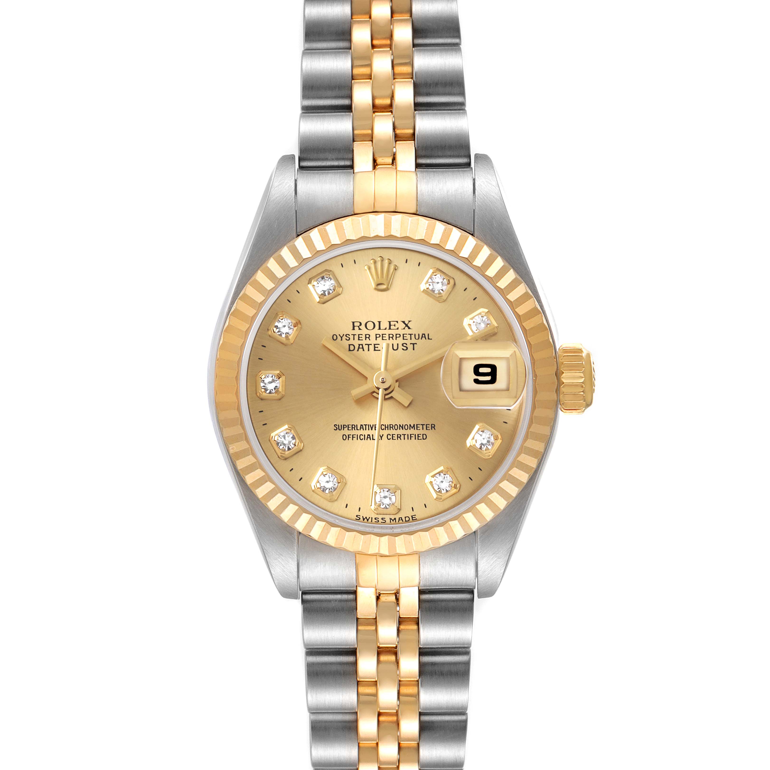 This image shows a Rolex Datejust 79173 Women's Steel and Gold (two tone) Champagne Dial 79173 Women's Steel and Gold (two tone) Champagne Dial watch from a front angle, highlighting its dial, bezel, and two-tone bracelet.