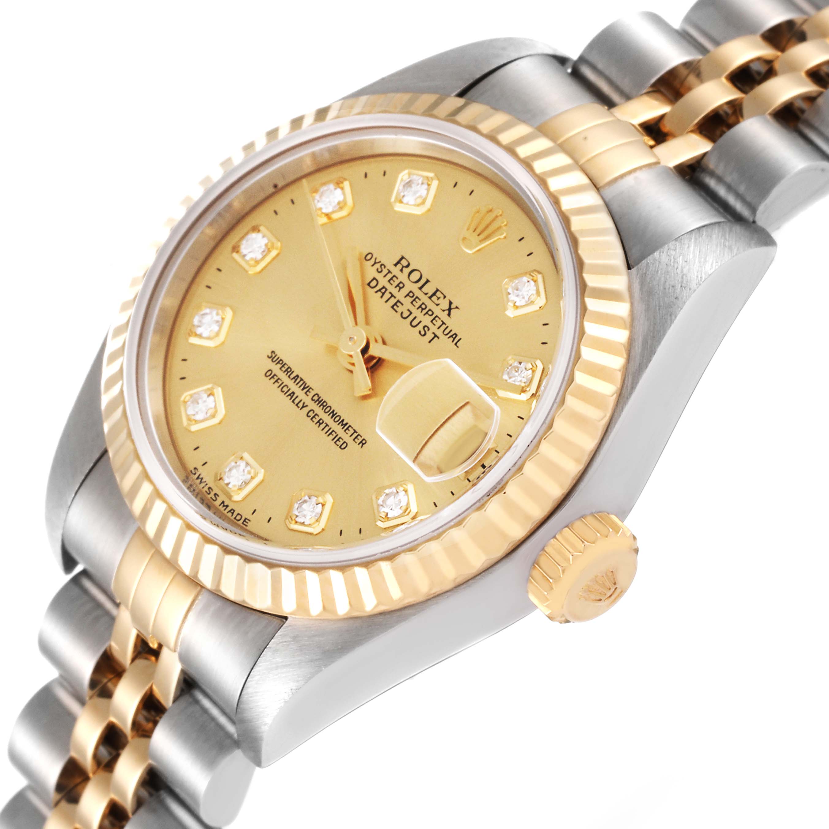 The Rolex Datejust 79173 Women's Steel and Gold (two tone) Champagne Dial 79173 Women's Steel and Gold (two tone) Champagne Dial watch is shown at an angled close-up, highlighting the face, bezel, crown, and part of the bracelet.