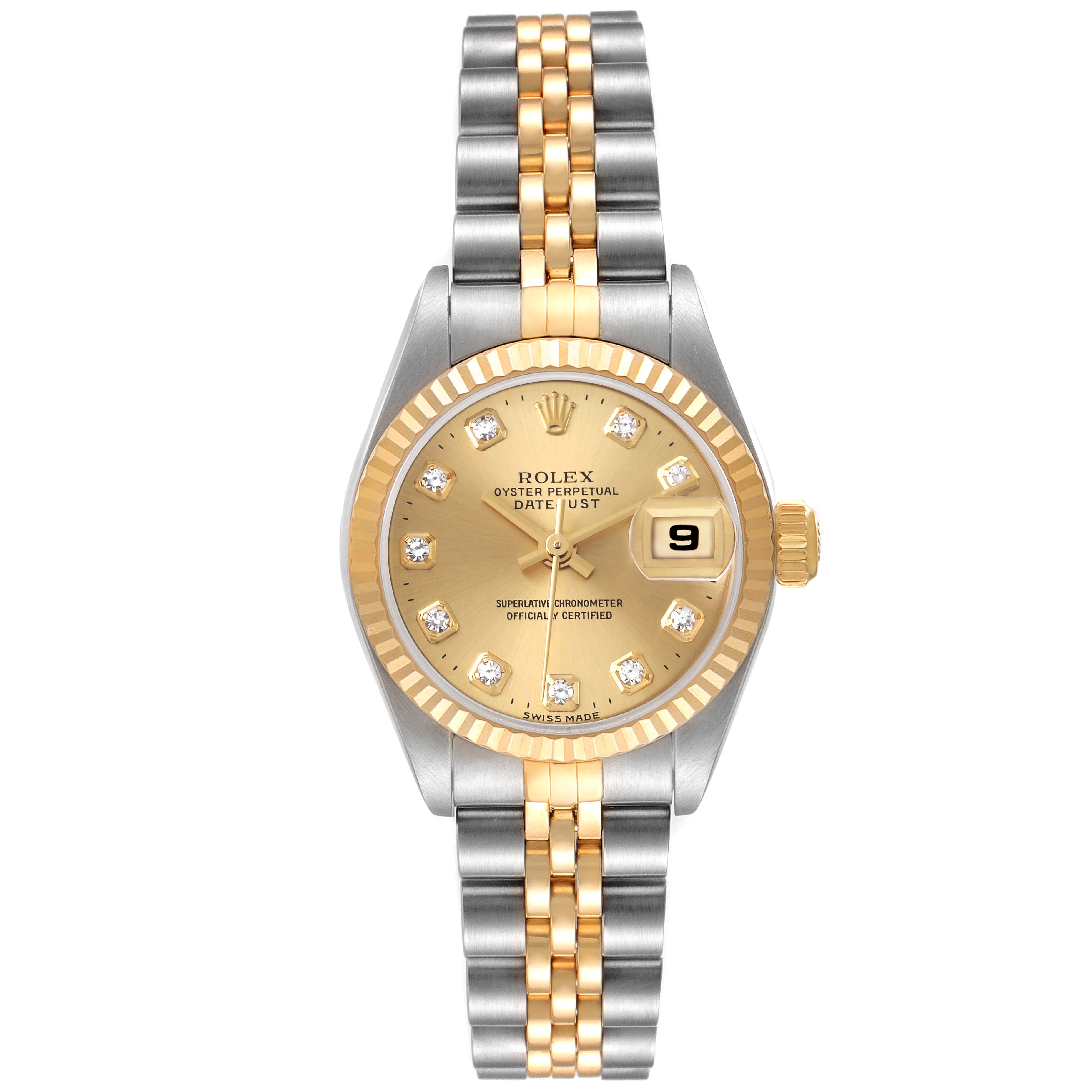 This image shows a front view of a Rolex Datejust 79173 Women's Steel and Gold (two tone) Champagne Dial 79173 Women's Steel and Gold (two tone) Champagne Dial watch with a gold dial, fluted bezel, and a two-tone jubilee bracelet.