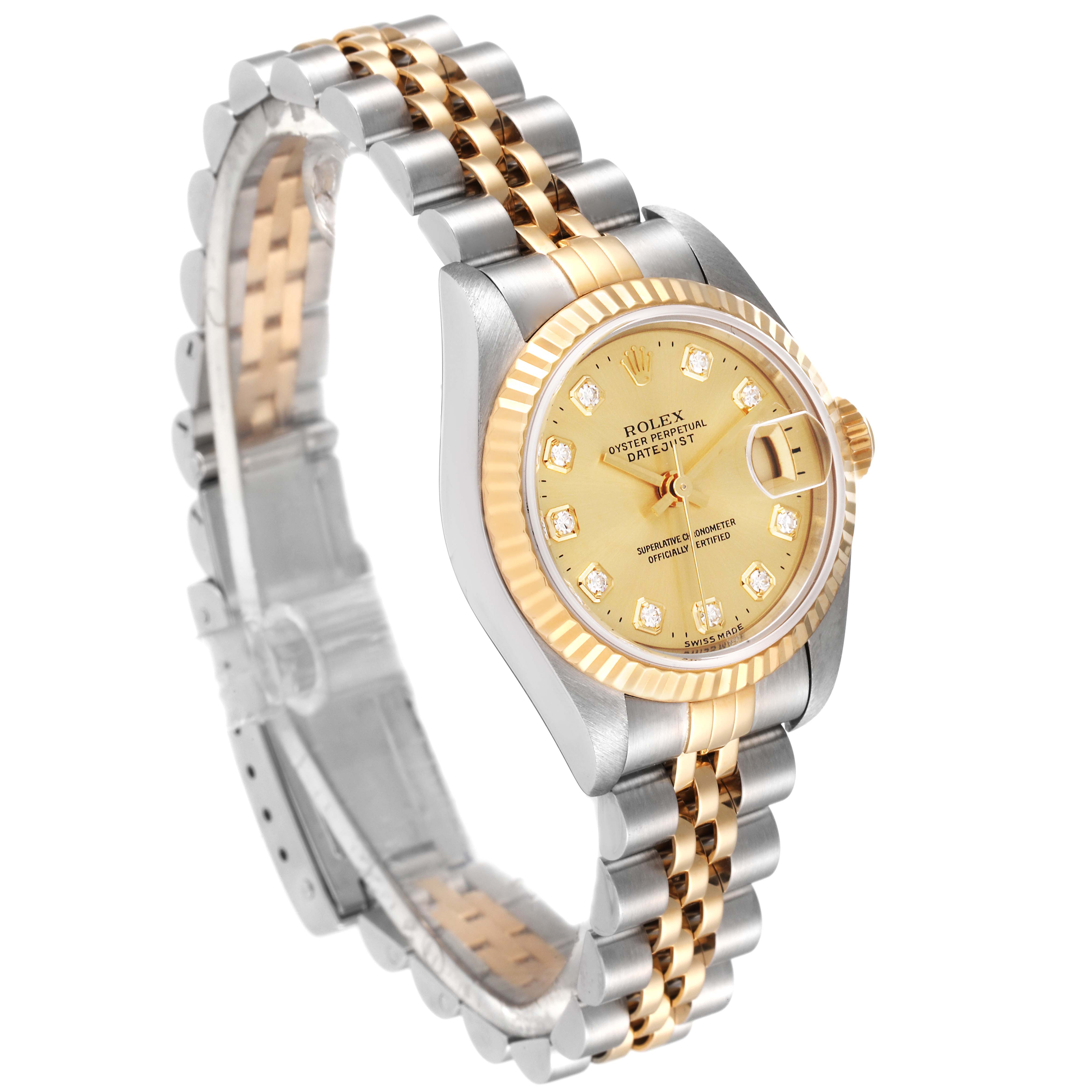 This image shows a Rolex Datejust 79173 Women's Steel and Gold (two tone) Champagne Dial 79173 Women's Steel and Gold (two tone) Champagne Dial watch at an angled side view, highlighting the face, bracelet, and fluted bezel.