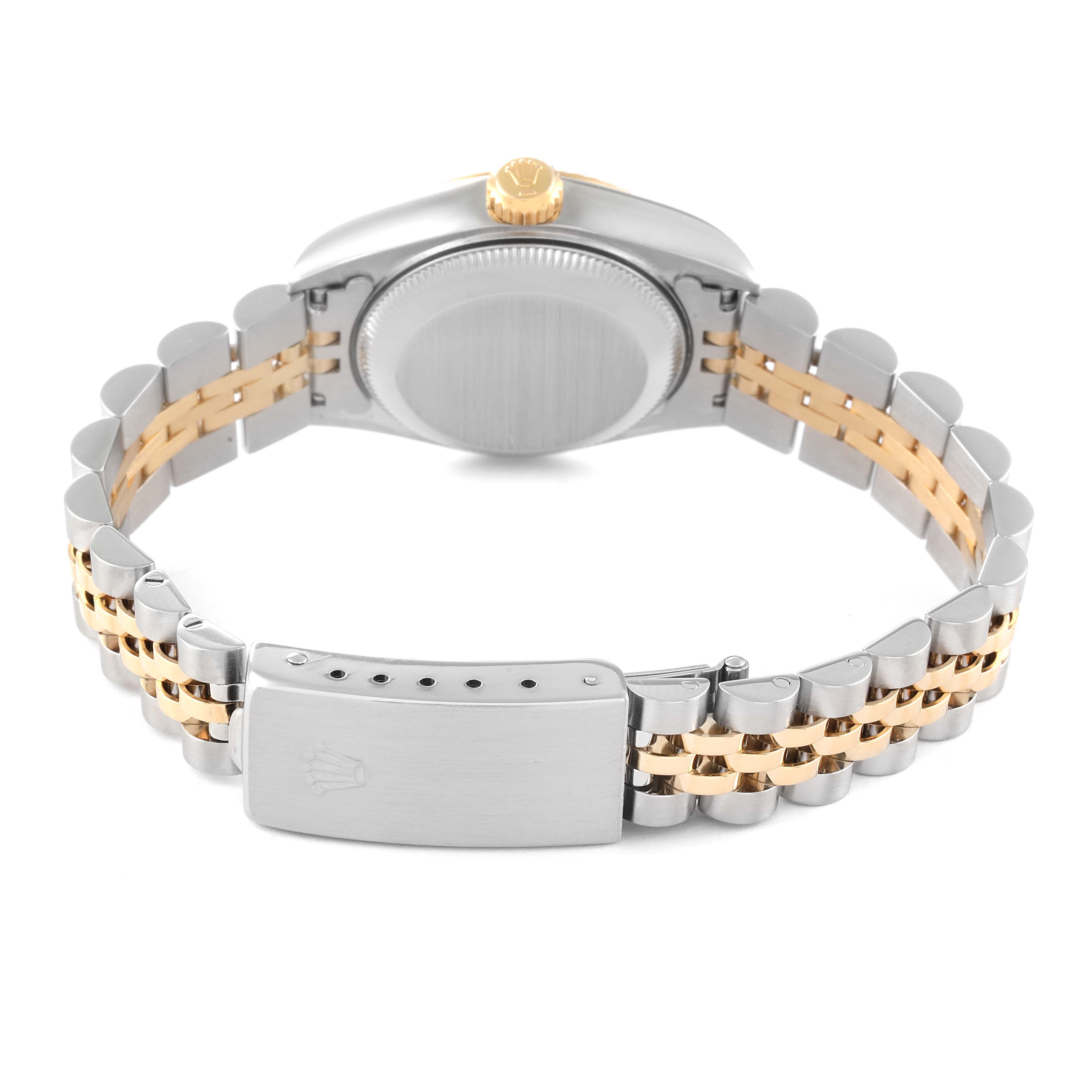 The image shows the back view of a Rolex Datejust 79173 Women's Steel and Gold (two tone) Champagne Dial 79173 Women's Steel and Gold (two tone) Champagne Dial watch, focusing on the caseback, bracelet, and clasp.