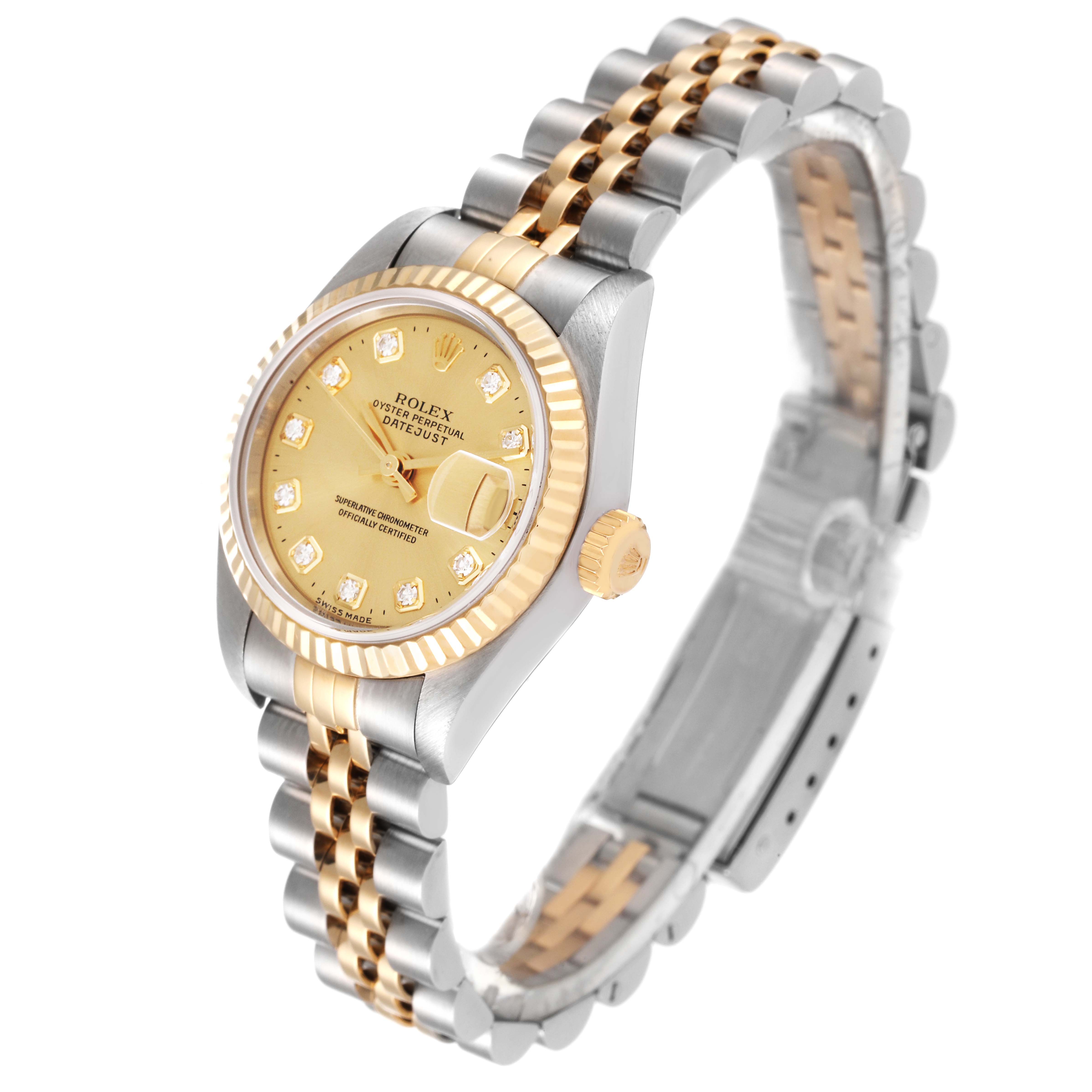 The Rolex Datejust 79173 Women's Steel and Gold (two tone) Champagne Dial 79173 Women's Steel and Gold (two tone) Champagne Dial watch is shown at a slight angle, highlighting the dial, bezel, crown, and two-tone bracelet.