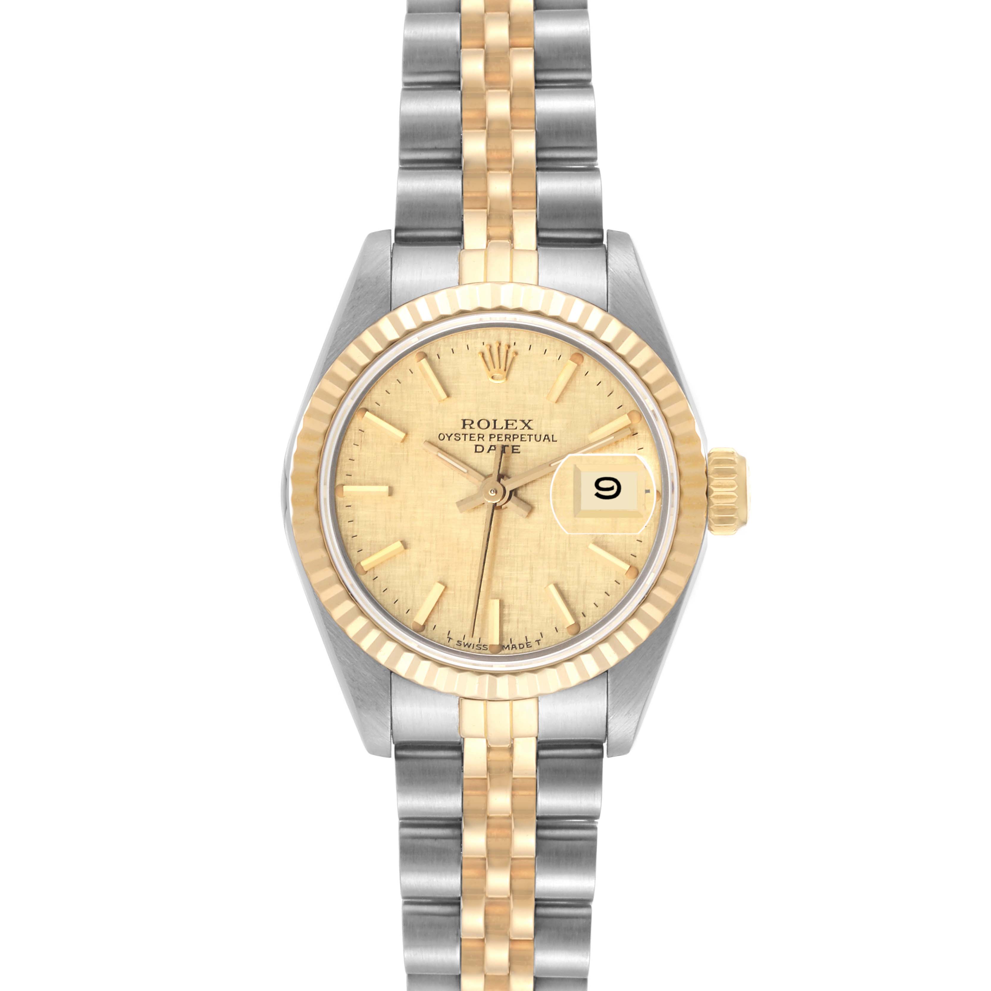 The image shows a front view of a Rolex Date 69173 Women's Steel and Gold (two tone) Champagne Dial 69173 Women's Steel and Gold (two tone) Champagne Dial model watch, featuring a two-tone bracelet and a champagne dial.