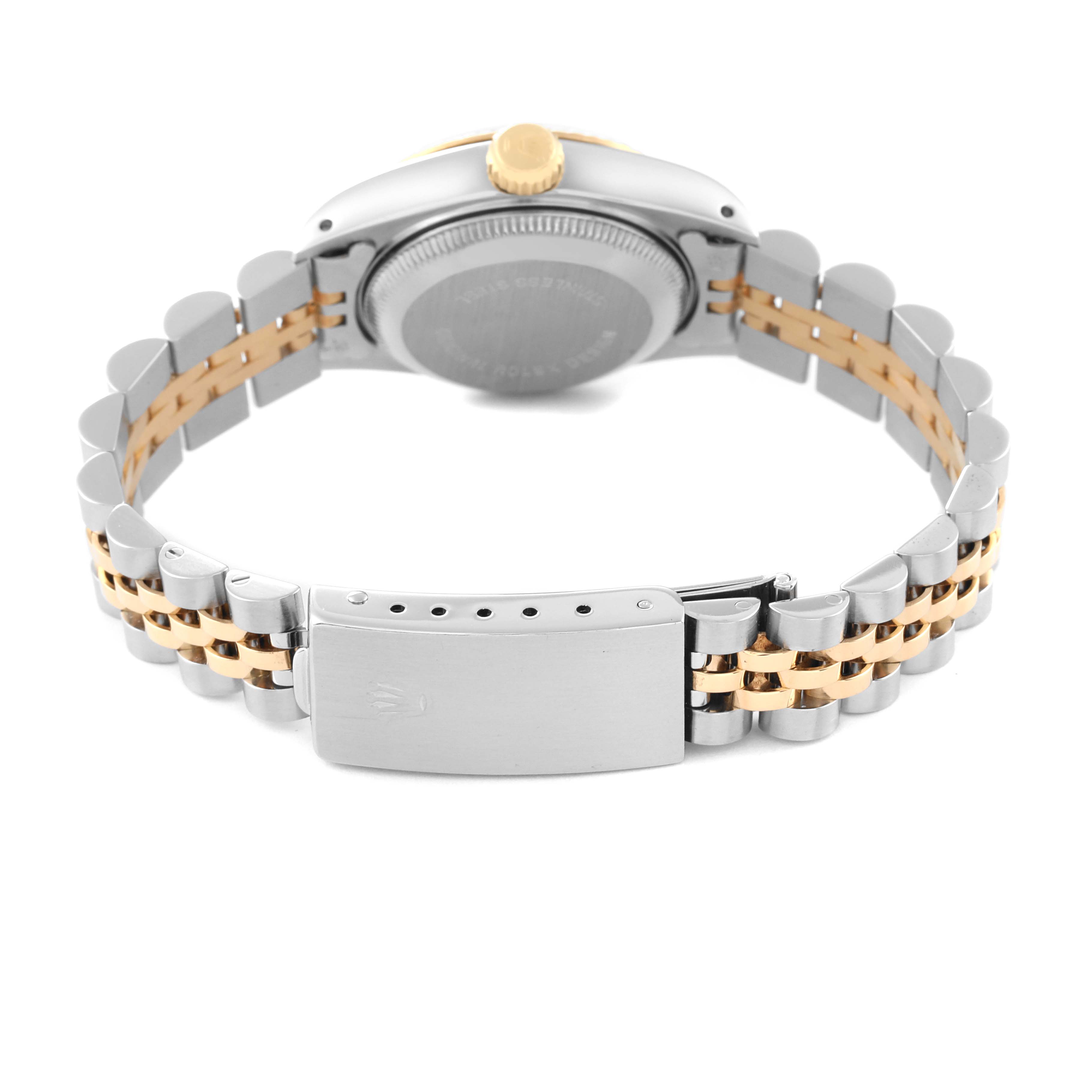 This image of a Rolex Date 69173 Women's Steel and Gold (two tone) Champagne Dial 69173 Women's Steel and Gold (two tone) Champagne Dial model watch shows the bracelet, clasp, and caseback from a rear angle.