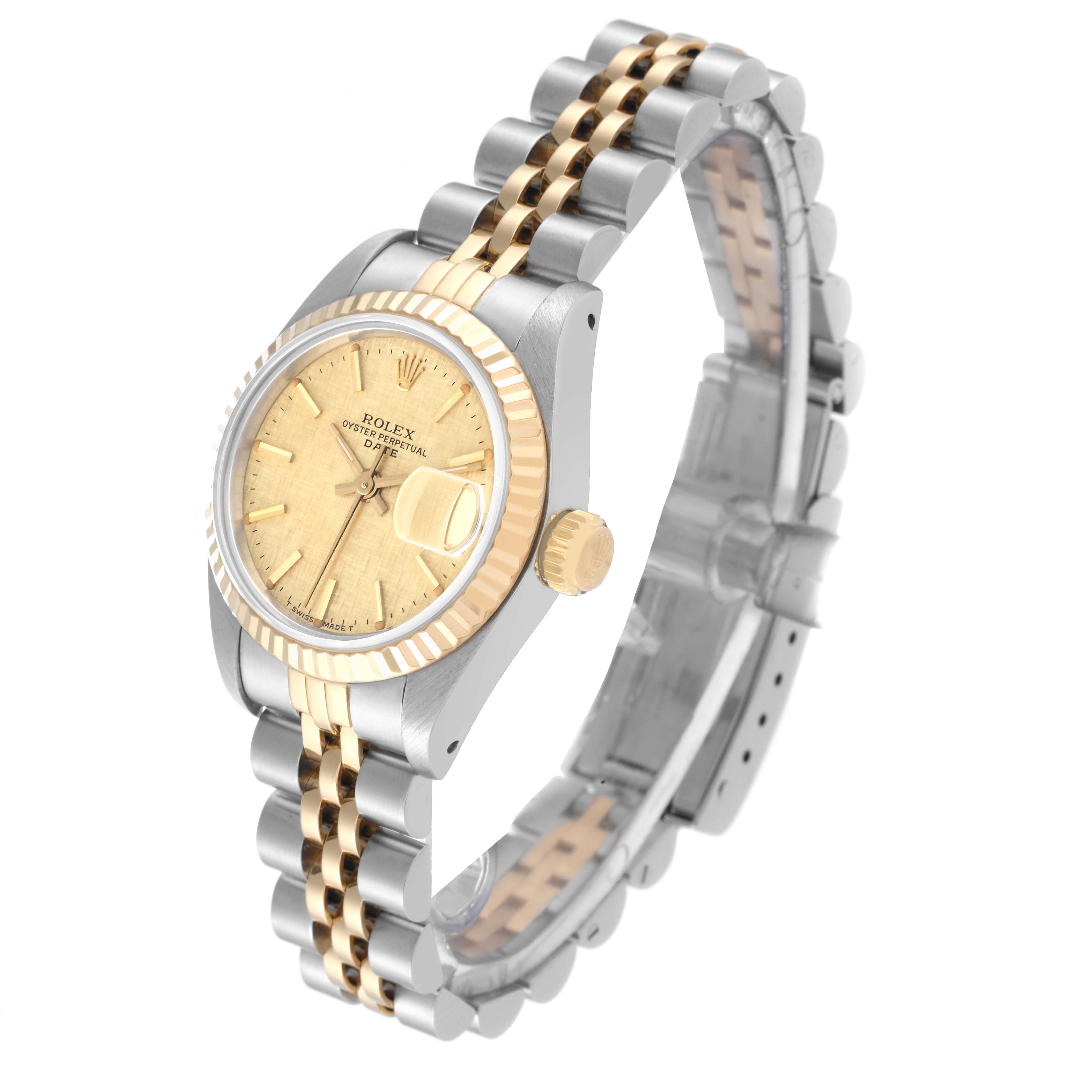 This image shows a Rolex Date 69173 Women's Steel and Gold (two tone) Champagne Dial 69173 Women's Steel and Gold (two tone) Champagne Dial watch at an angled view, highlighting the gold dial, fluted bezel, and two-tone bracelet.