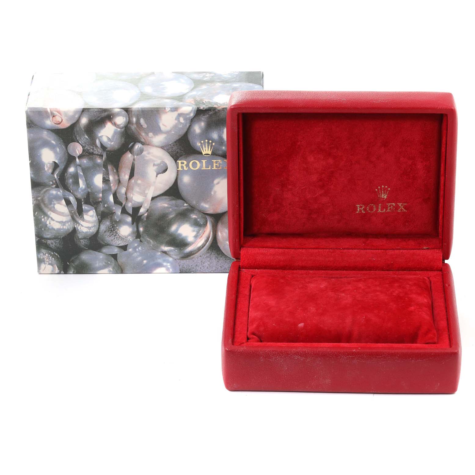 This image shows a Rolex Datejust 69173 Women's Steel and Gold (two tone) Champagne Dial 69173 Women's Steel and Gold (two tone) Champagne Dial watch box and packaging from a front angle.