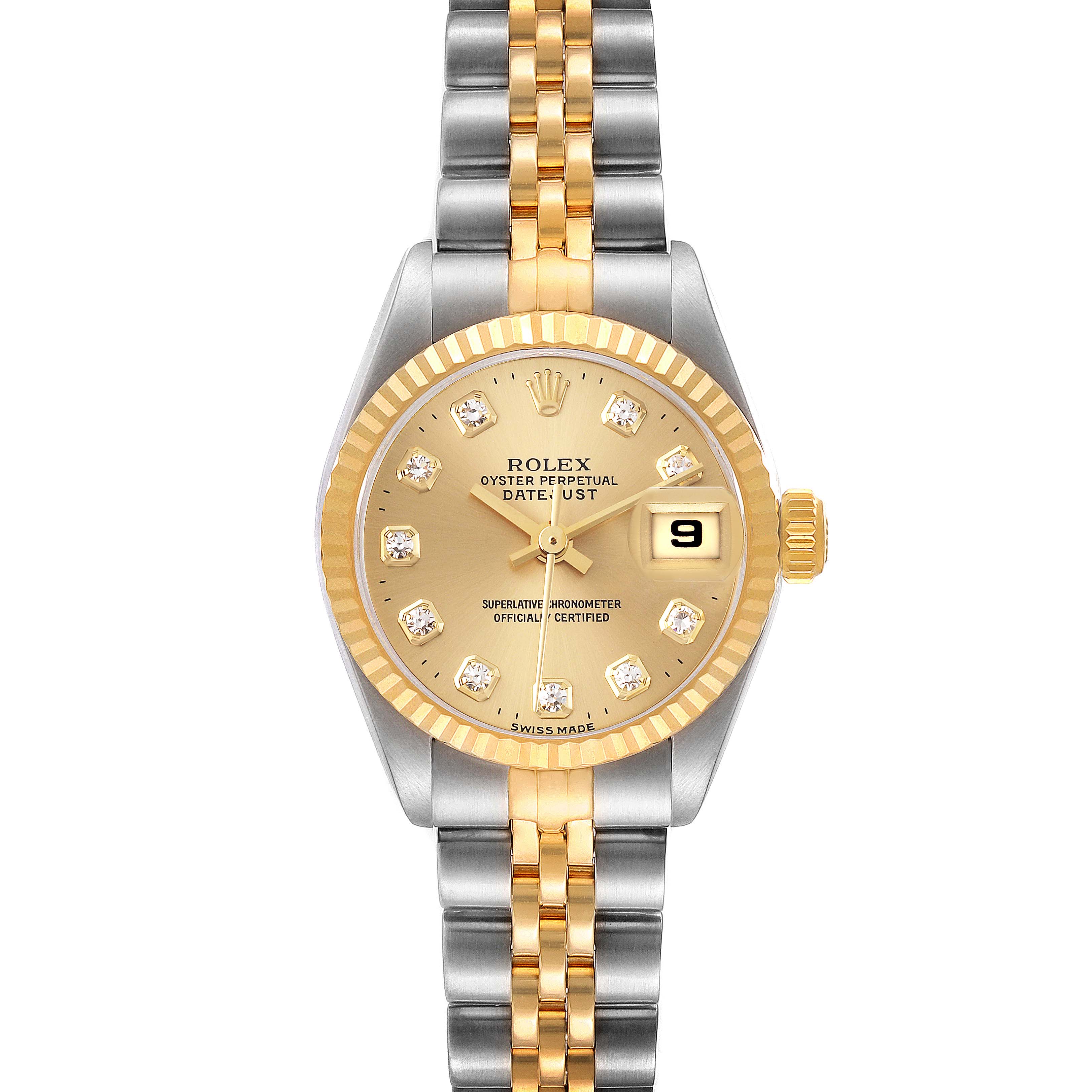 The image shows a frontal view of a Rolex Datejust 69173 Women's Steel and Gold (two tone) Champagne Dial 69173 Women's Steel and Gold (two tone) Champagne Dial watch, highlighting its gold dial, diamond markers, and two-tone bracelet.