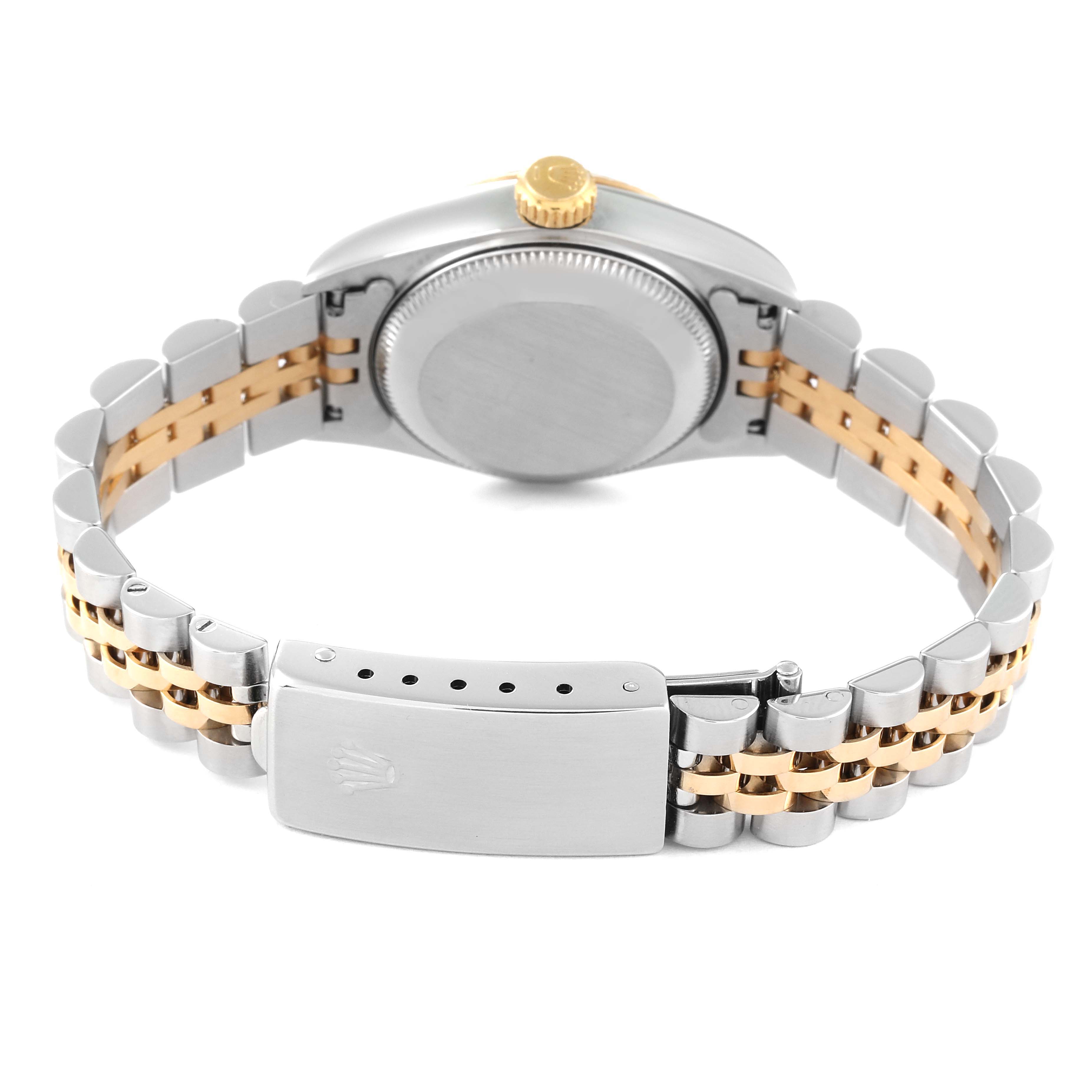 This image shows the back casing and Jubilee bracelet of a Rolex Datejust 69173 Women's Steel and Gold (two tone) Champagne Dial 69173 Women's Steel and Gold (two tone) Champagne Dial watch.