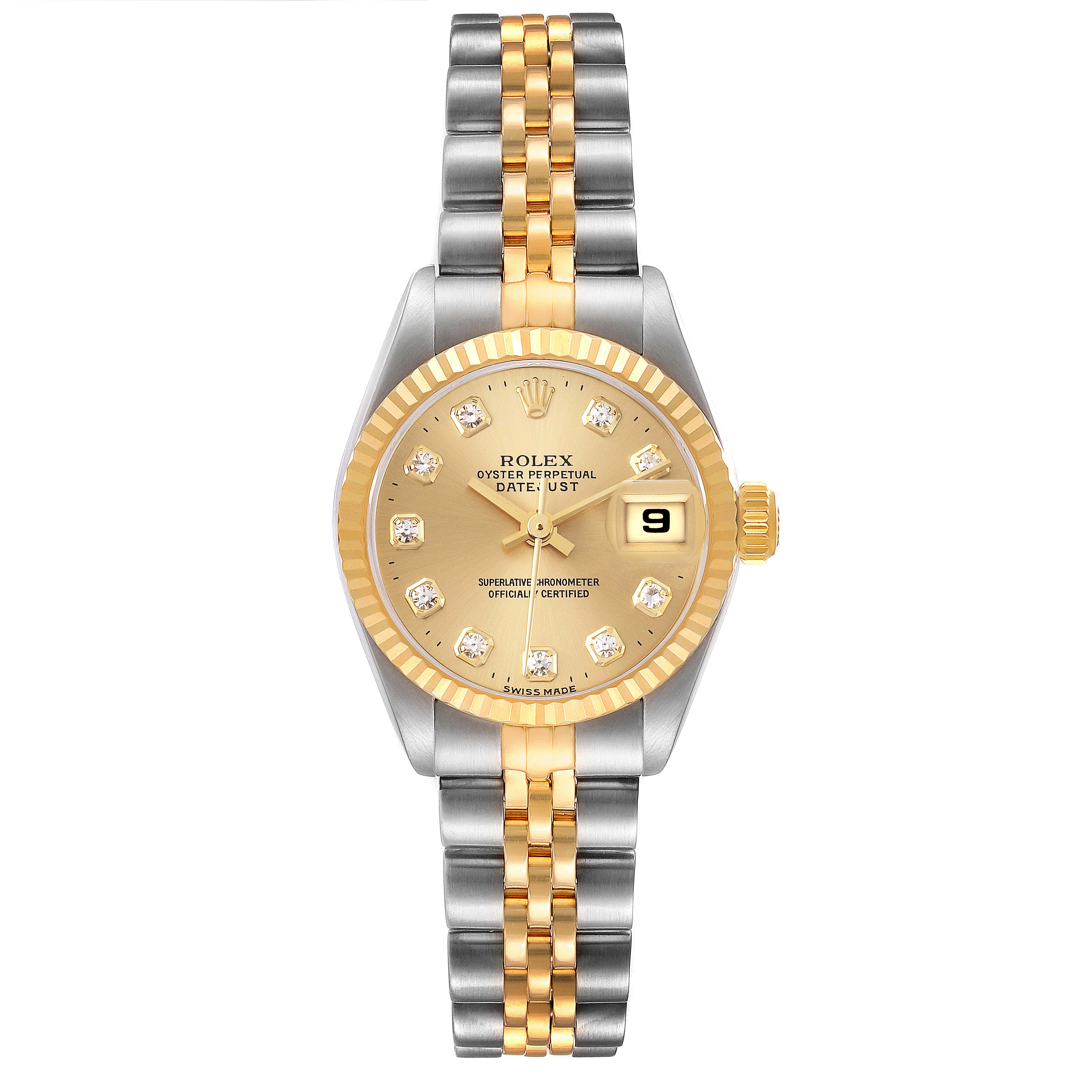 This image shows a front view of the Rolex Datejust 69173 Women's Steel and Gold (two tone) Champagne Dial 69173 Women's Steel and Gold (two tone) Champagne Dial, showcasing its dial, bezel, and jubilee bracelet.