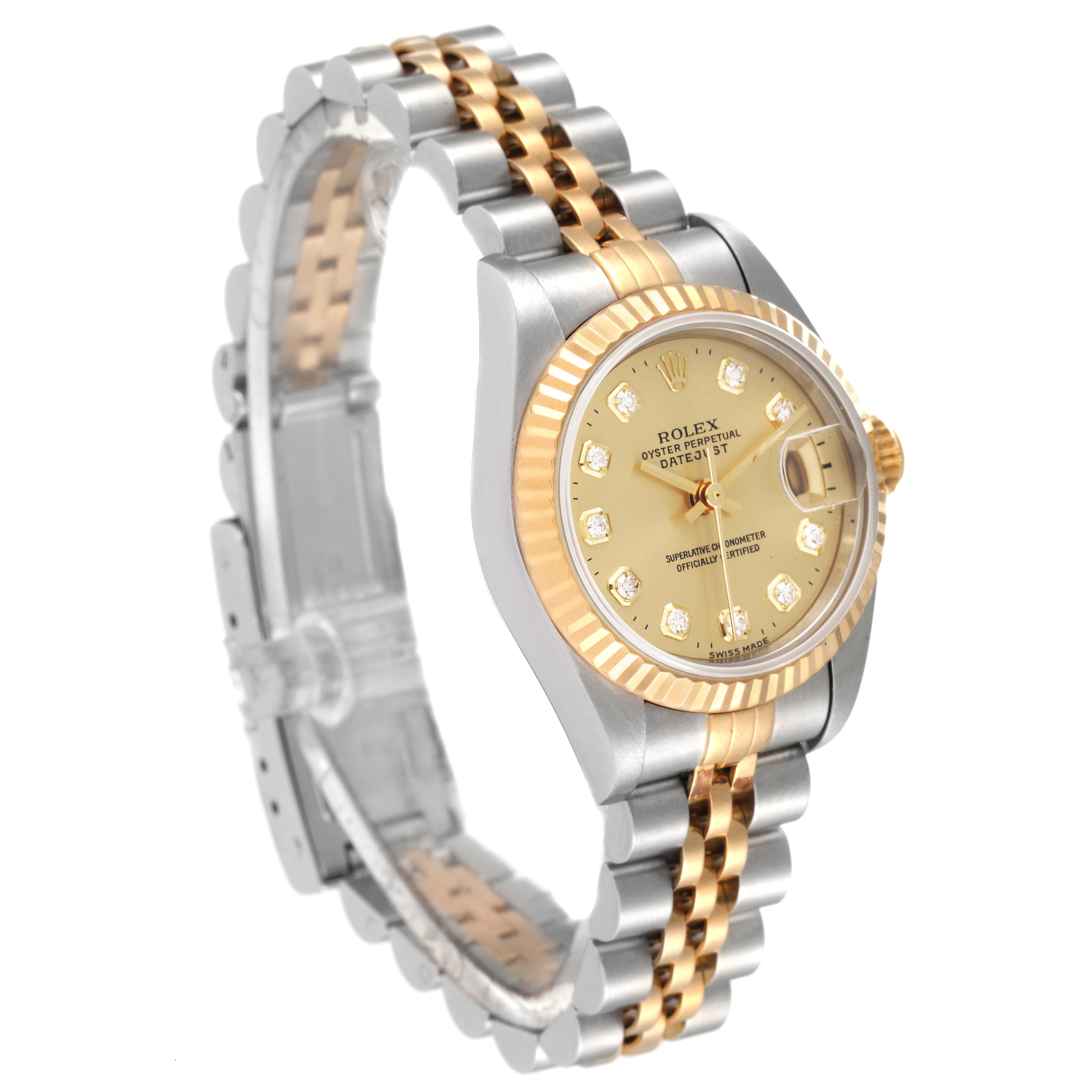 The image shows a Rolex Datejust 69173 Women's Steel and Gold (two tone) Champagne Dial 69173 Women's Steel and Gold (two tone) Champagne Dial watch at a slight angle, highlighting its bezel, face, and two-tone bracelet.