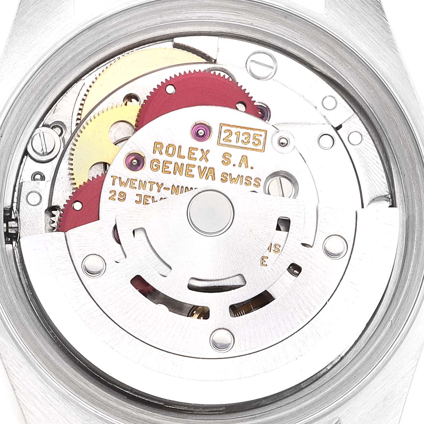 The image shows the inner workings of the Rolex Datejust 69173 Women's Steel and Gold (two tone) Champagne Dial 69173 Women's Steel and Gold (two tone) Champagne Dial, highlighting the movement components and gears.