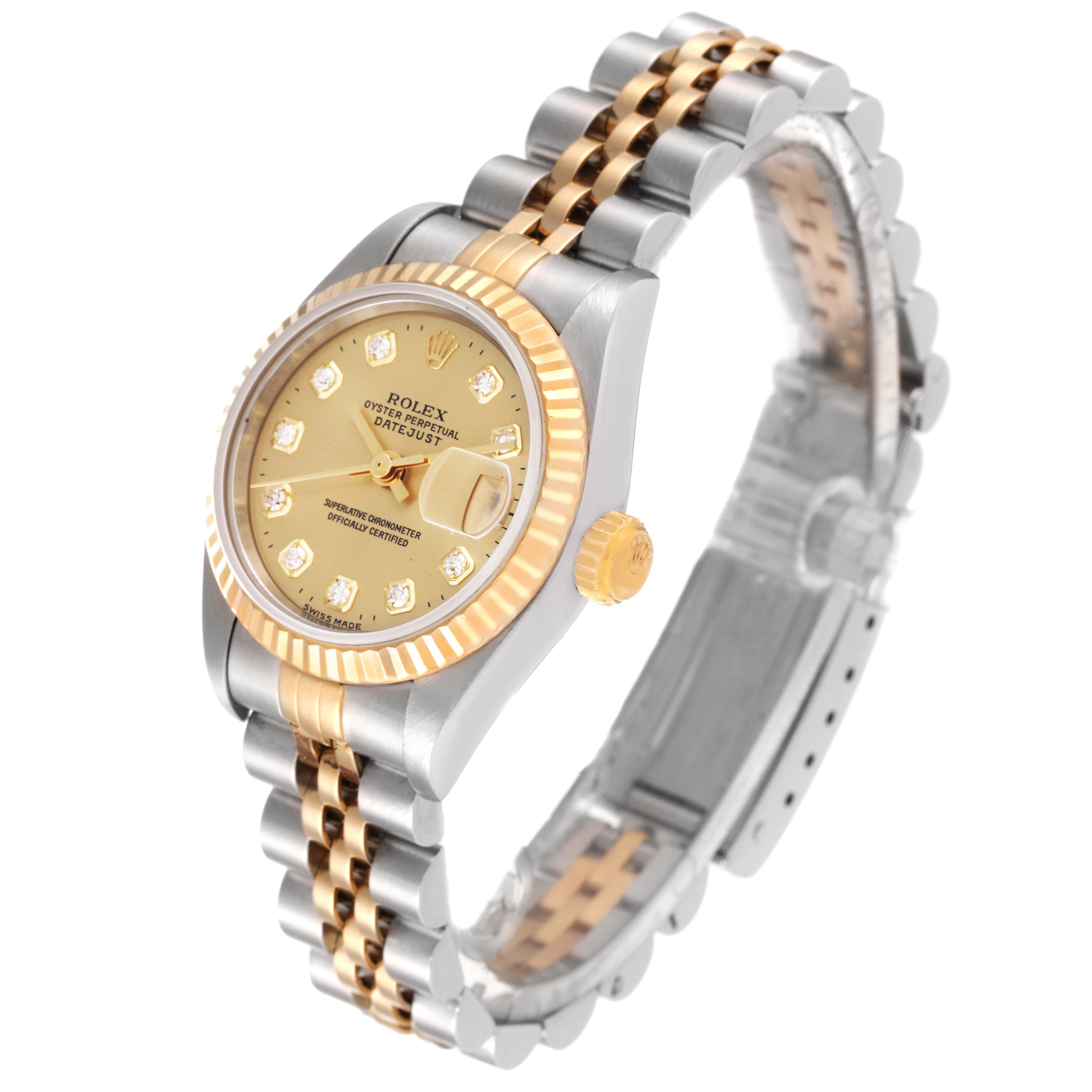 The Rolex Datejust 69173 Women's Steel and Gold (two tone) Champagne Dial 69173 Women's Steel and Gold (two tone) Champagne Dial watch is shown at an angle highlighting the dial, fluted bezel, crown, and two-tone Jubilee bracelet.