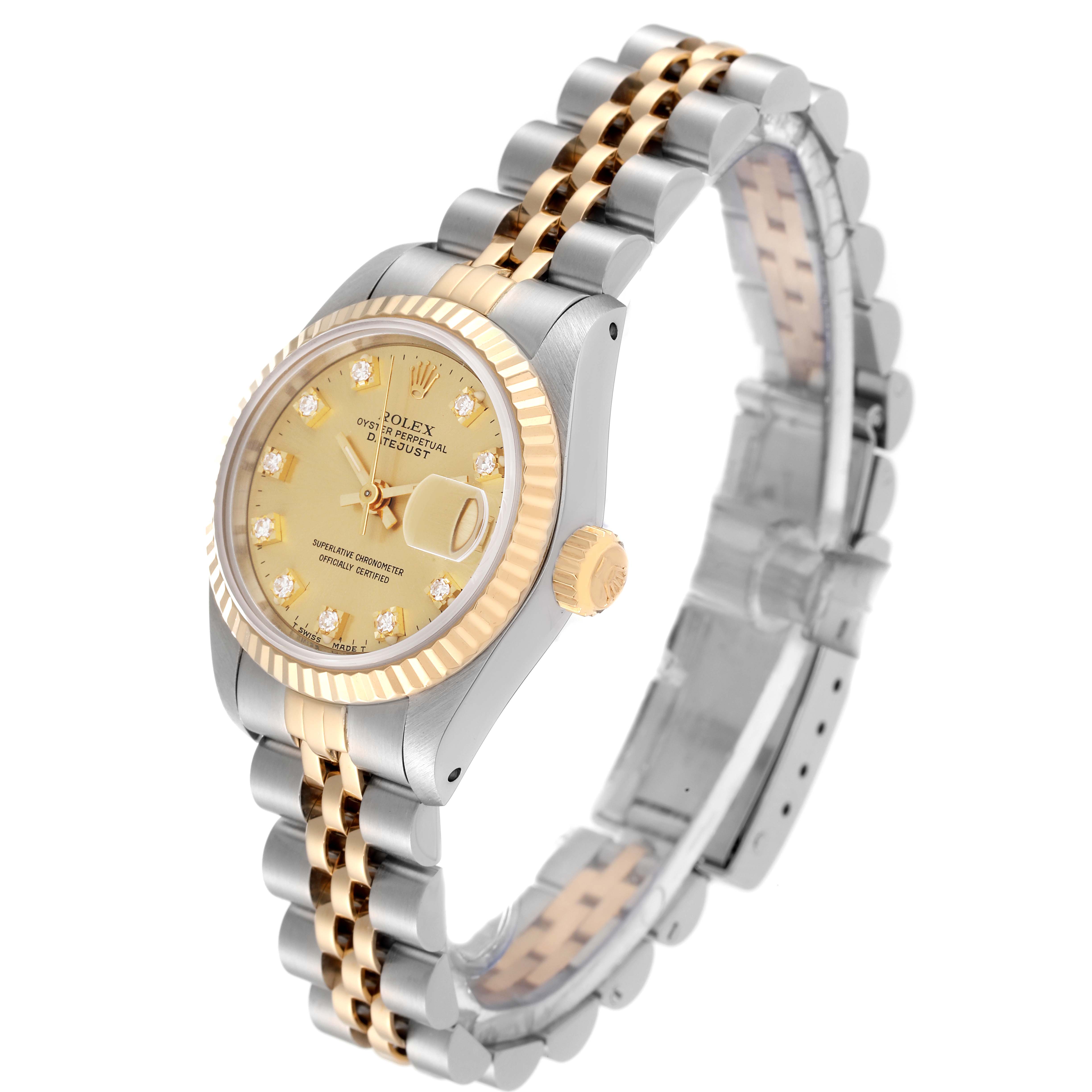 This Rolex Datejust 69173 Women's Steel and Gold (two tone) Champagne Dial 69173 Women's Steel and Gold (two tone) Champagne Dial watch is shown from an angled front view, highlighting the dial, bezel, crown, and Jubilee bracelet.