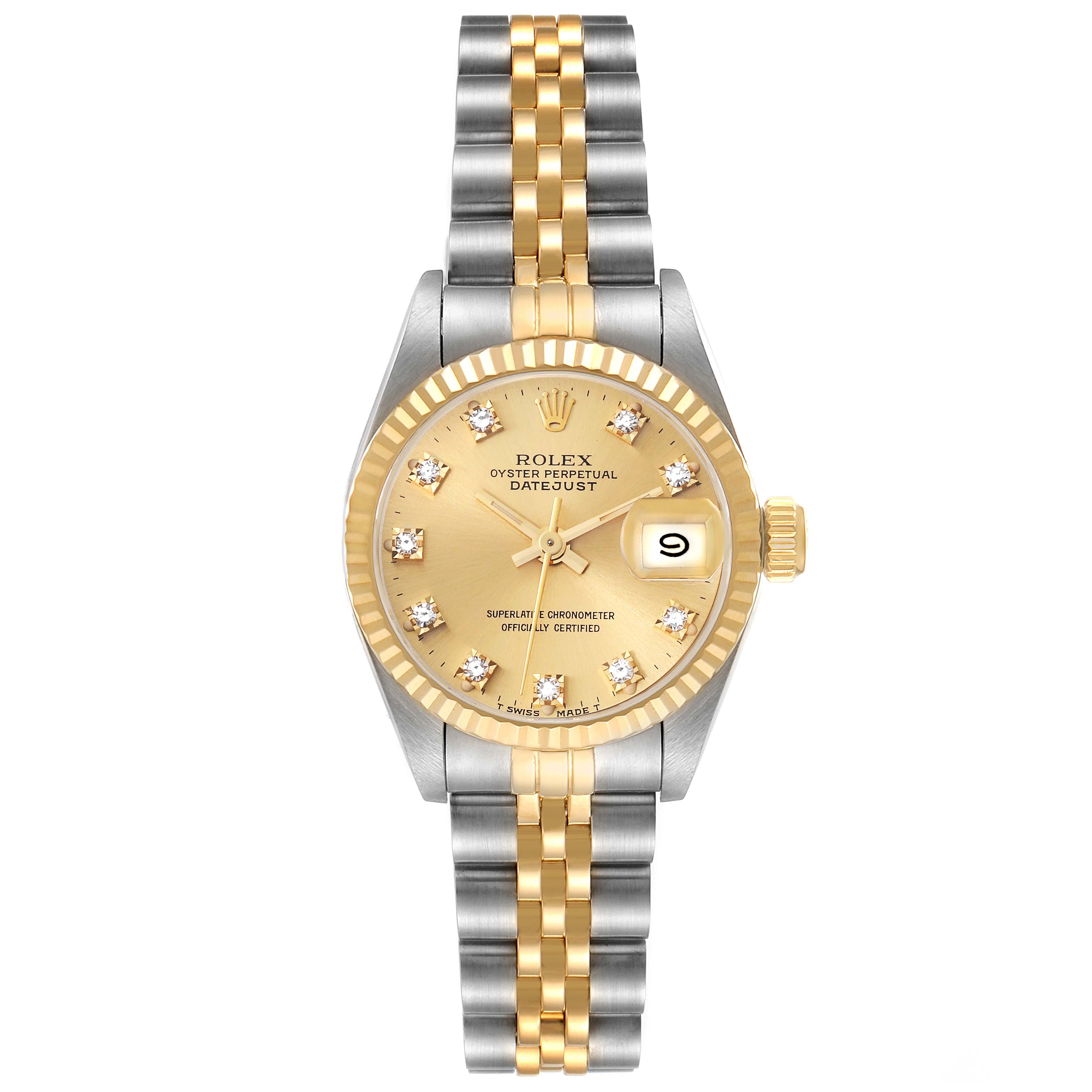 The Rolex Datejust 69173 Women's Steel and Gold (two tone) Champagne Dial 69173 Women's Steel and Gold (two tone) Champagne Dial watch is shown from a top-down angle, displaying the face, bezel, dial, and bracelet.