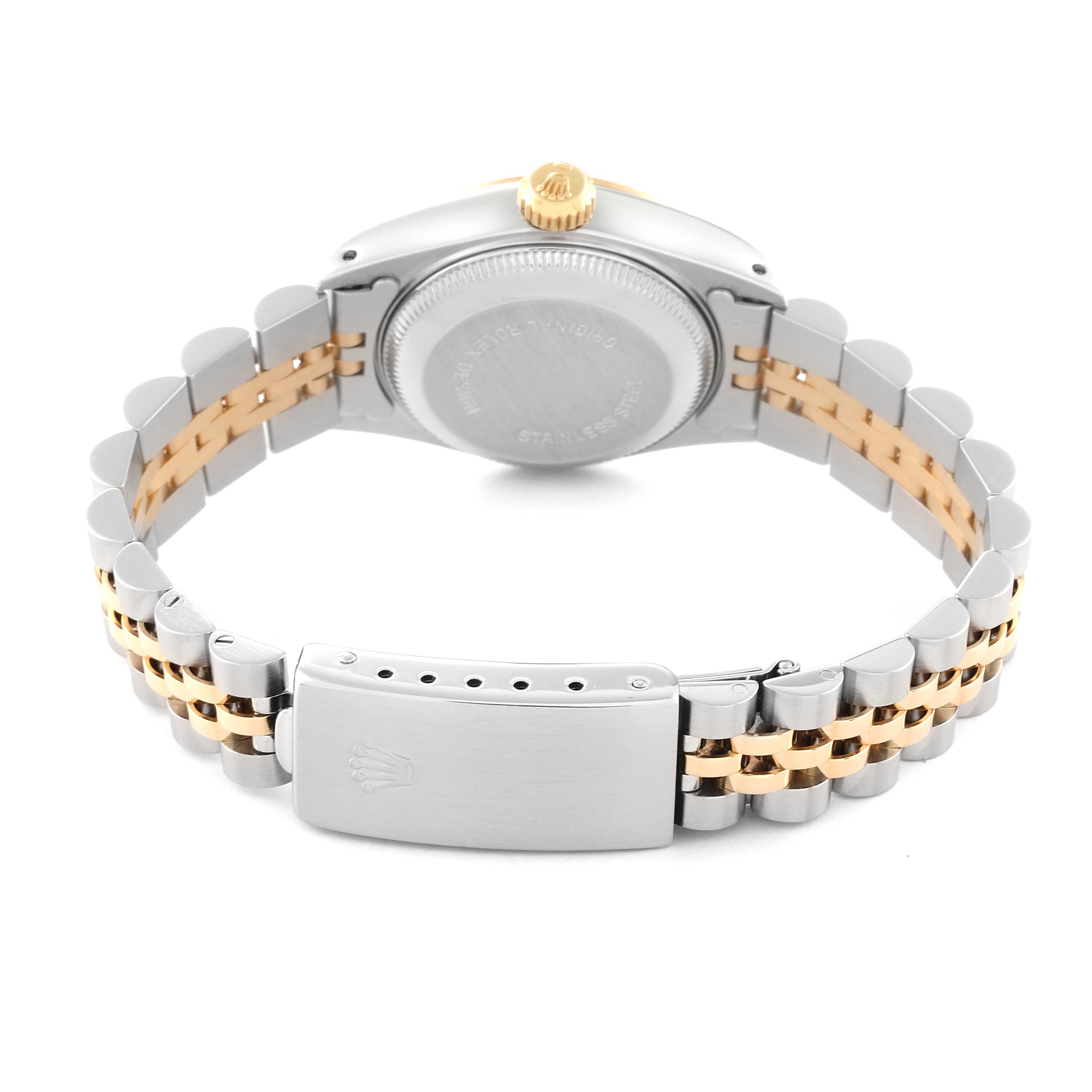 The image shows the back of a Rolex Datejust 69173 Women's Steel and Gold (two tone) Champagne Dial 69173 Women's Steel and Gold (two tone) Champagne Dial watch, highlighting the case back, crown, and two-tone bracelet with a clasp.
