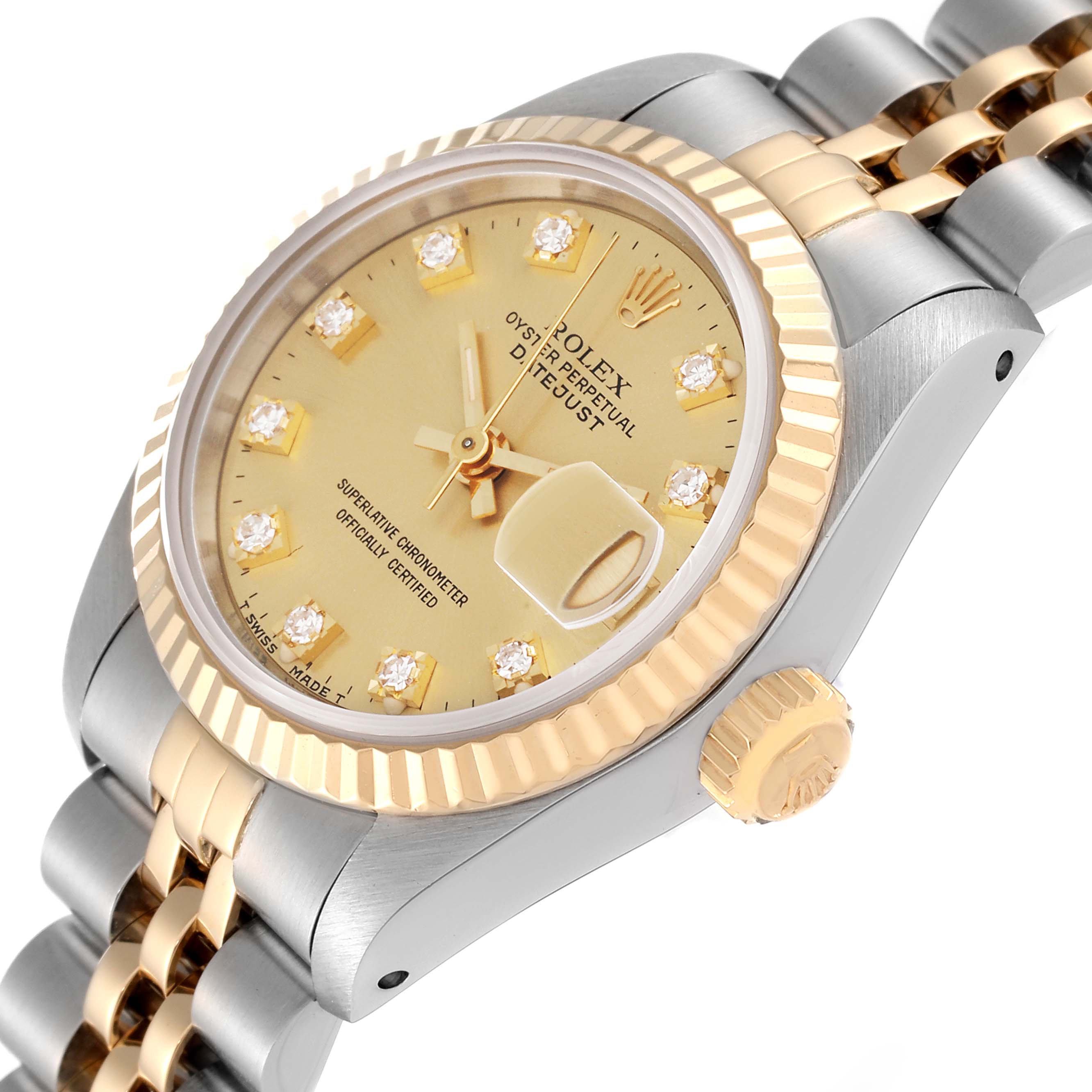 The image shows a close-up angle of the Rolex Datejust 69173 Women's Steel and Gold (two tone) Champagne Dial 69173 Women's Steel and Gold (two tone) Champagne Dial watch, focusing on the dial, bezel, crown, and part of the bracelet.