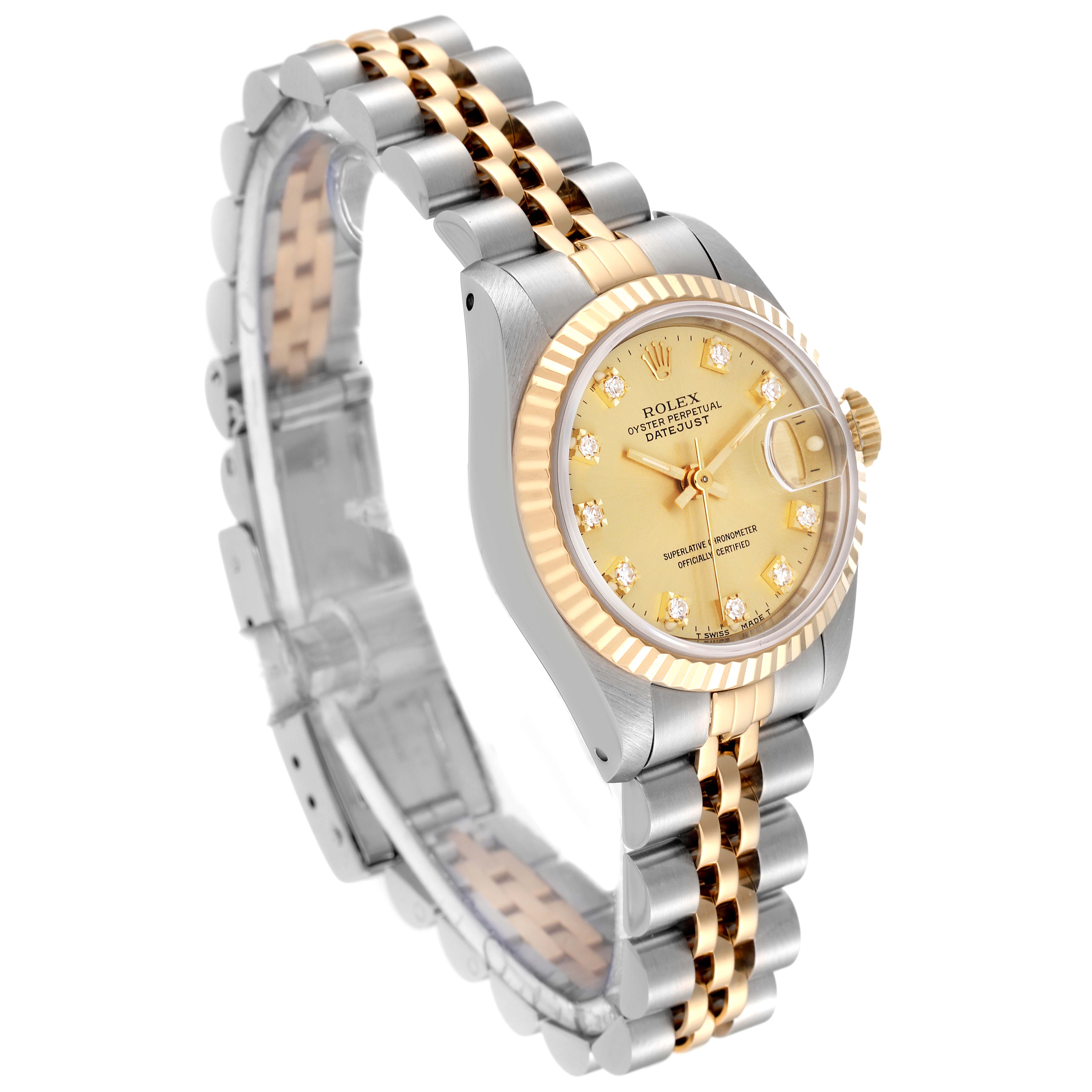 The image shows a Rolex Datejust 69173 Women's Steel and Gold (two tone) Champagne Dial 69173 Women's Steel and Gold (two tone) Champagne Dial watch from a three-quarter angle, displaying the face, bezel, and bracelet.