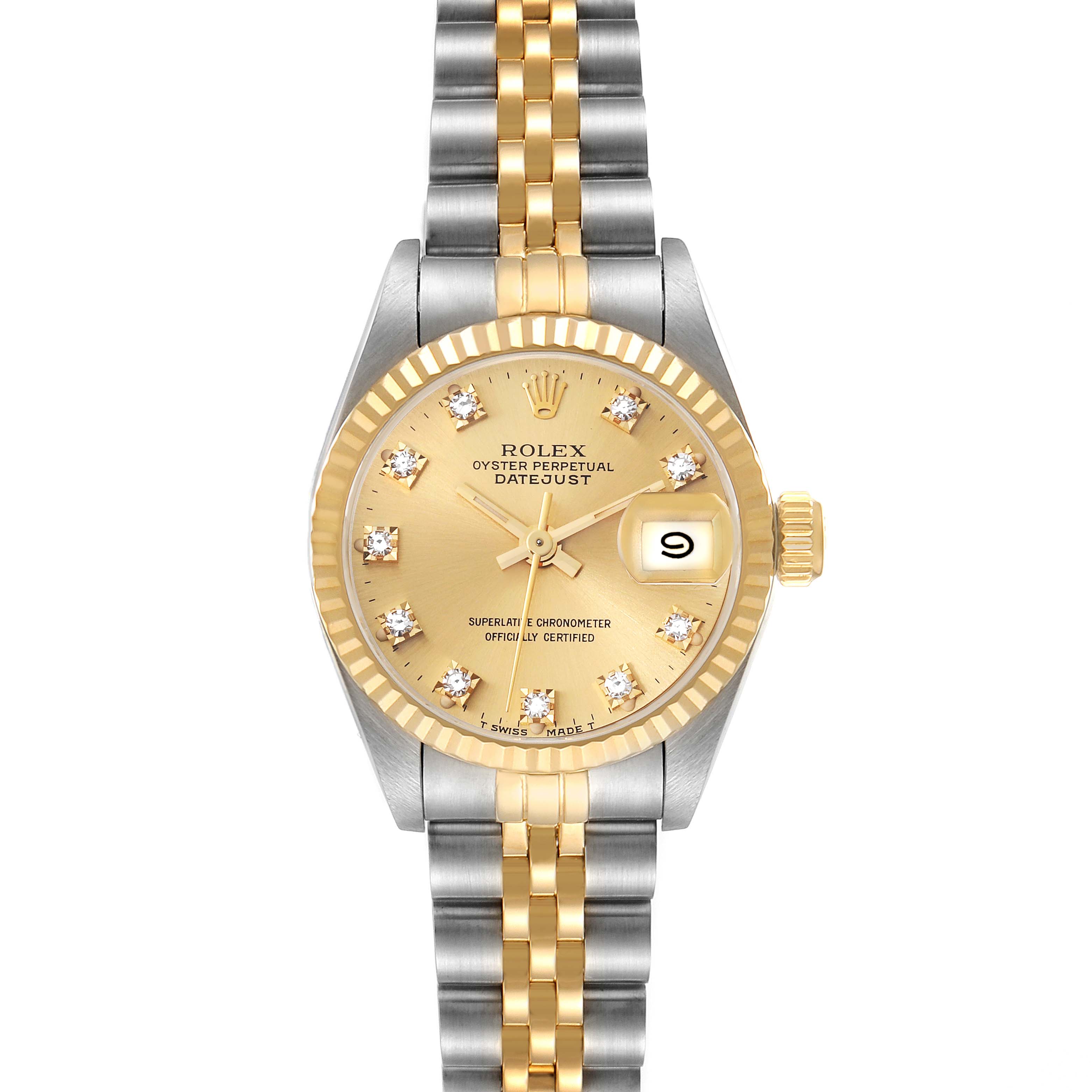 The image shows a Rolex Datejust 69173 Women's Steel and Gold (two tone) Champagne Dial 69173 Women's Steel and Gold (two tone) Champagne Dial watch from a front angle, highlighting its gold and silver jubilee bracelet, fluted bezel, and date window.